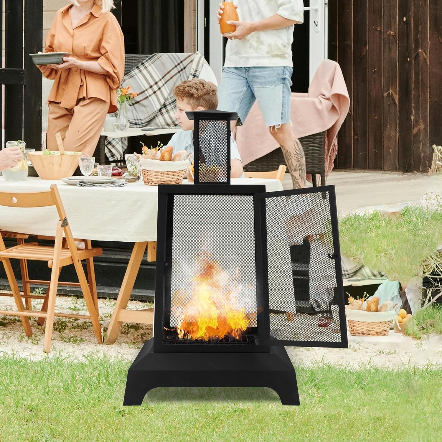 Walsport Chiminea Outdoor Fireplace, 43 Inch Wood Burning Fire Pit with Grill Grate and Spark Screen Cover, Outdoor Fire Pit for Patio, Backyard, Deck Porch and Camping (Black) ﻿