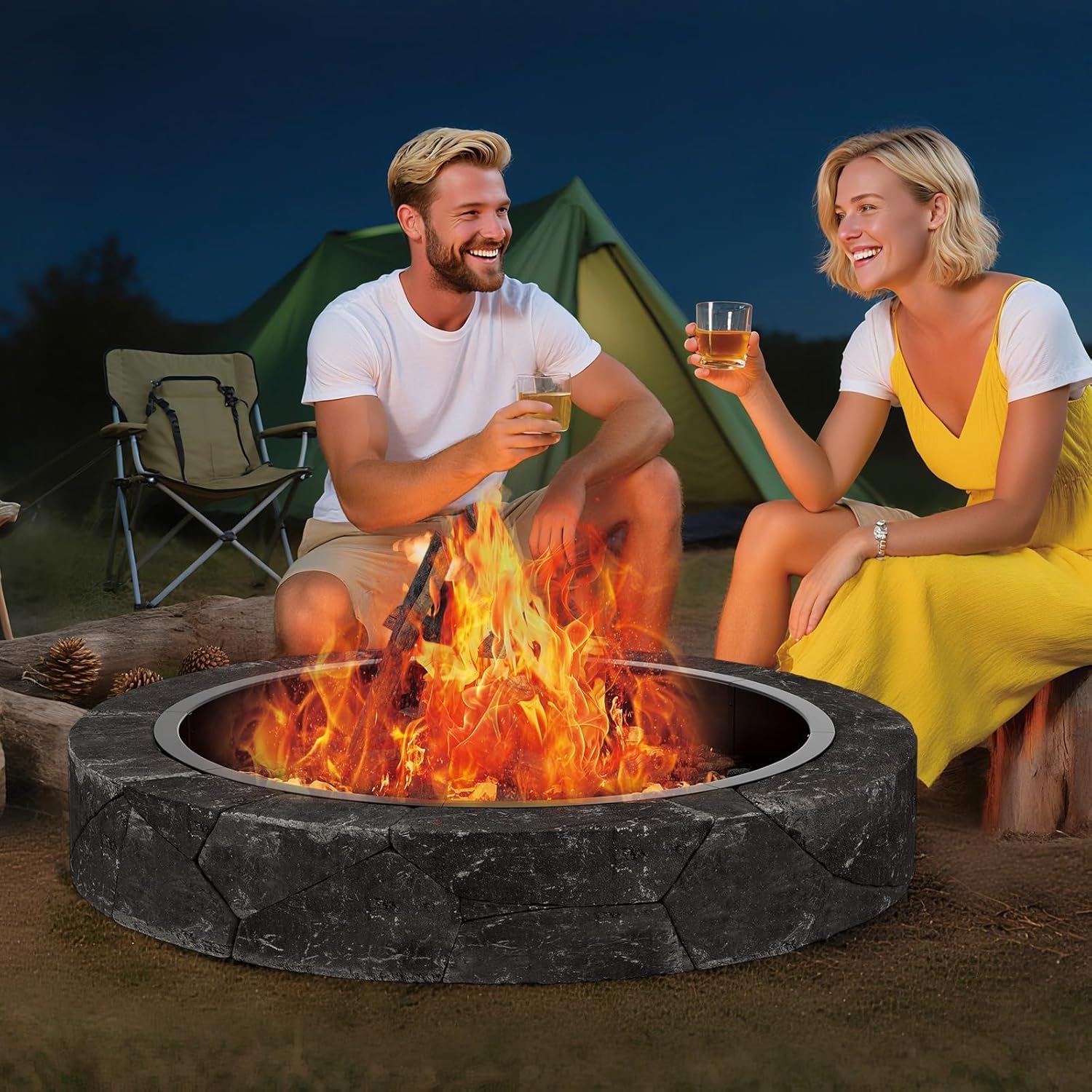 48 Inch Smokeless Fire Pit, Made of Carbon Steel, Outdoor Round Garden Fire Pit with Ventilation Holes, DIY Campfire Ring, Suitable for Burning Firewood