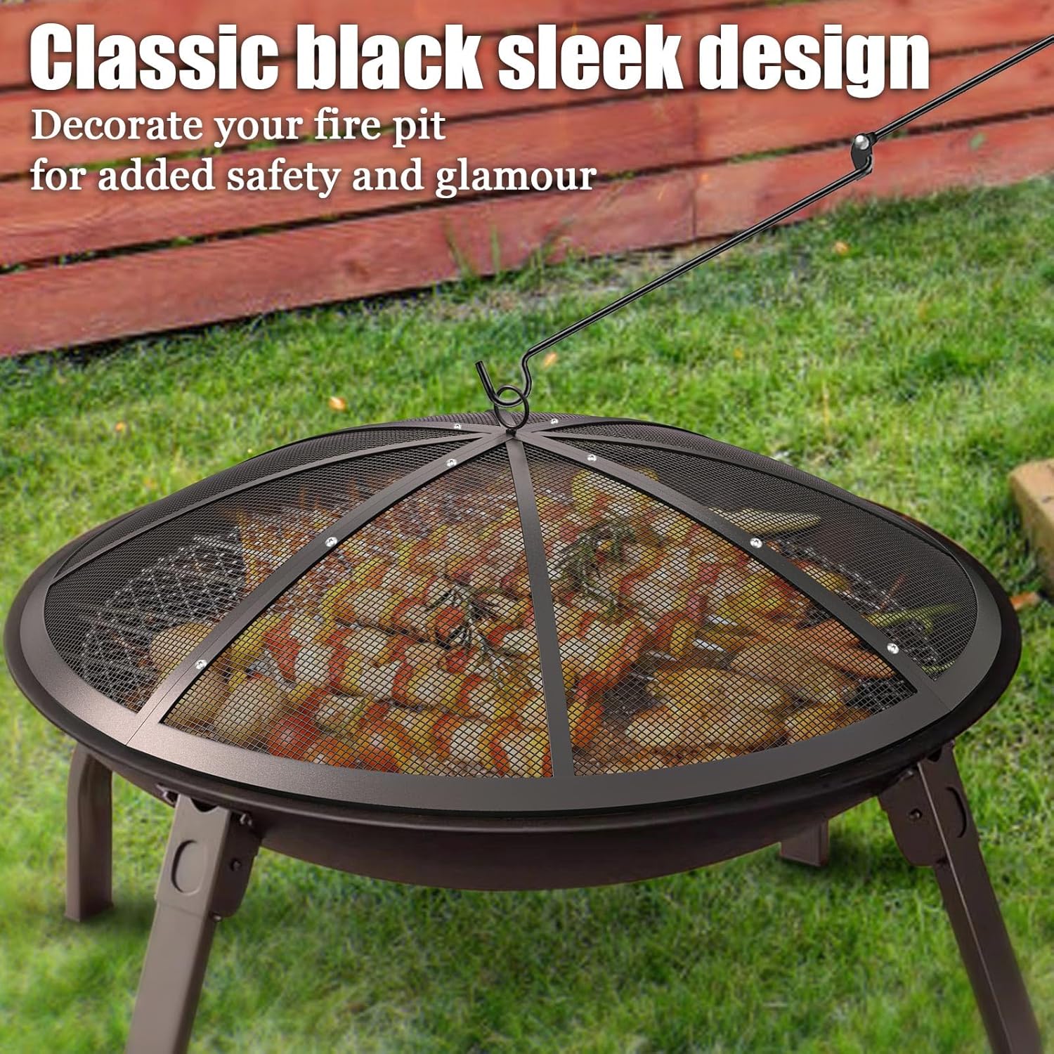 Fire Pit Spark Screen, 40Inch Fire Pit Lid Outdoor with Handle & Poker, Heavy-Duty Mesh Firepit Cove with 12 Reinforced Bars for Backyard/Beach/RV Camping