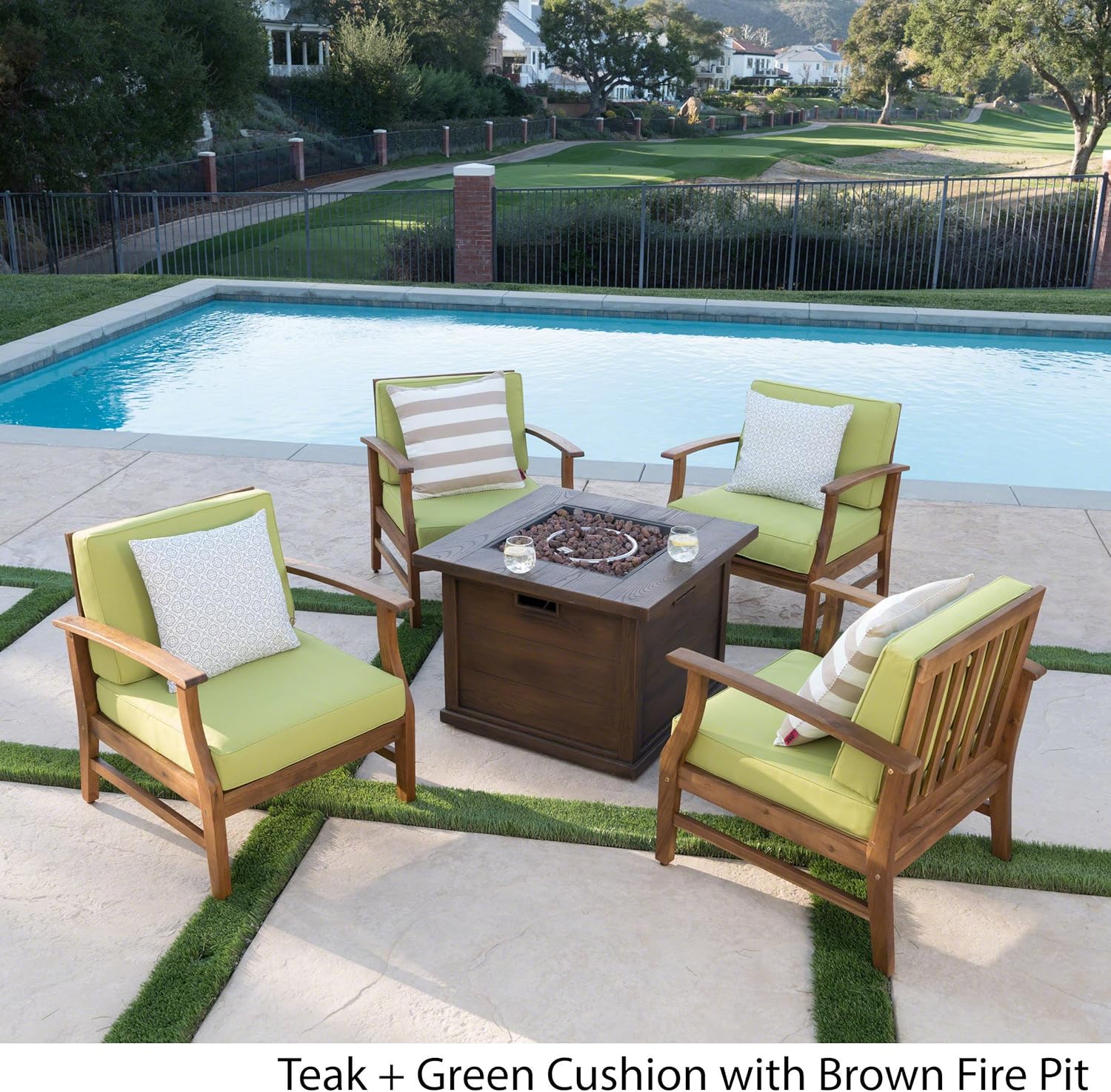 GDFStudio Noble House Havana 5 Piece Outdoor Acacia Wood Chair and Firepit Set in Green
