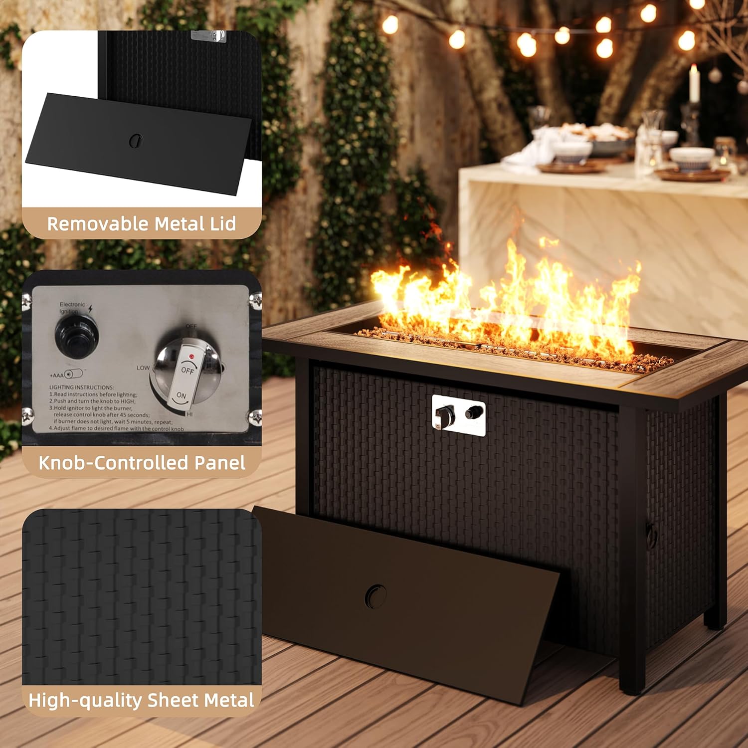 45 Inch Propane Fire Pit Table, 50,000 BTU Outdoor Gas Fire Pit for Patio & Backyard, Rectangular Firepit Table with Lava Rocks, 2-in-1 Convertible Outdoor Table, Grey