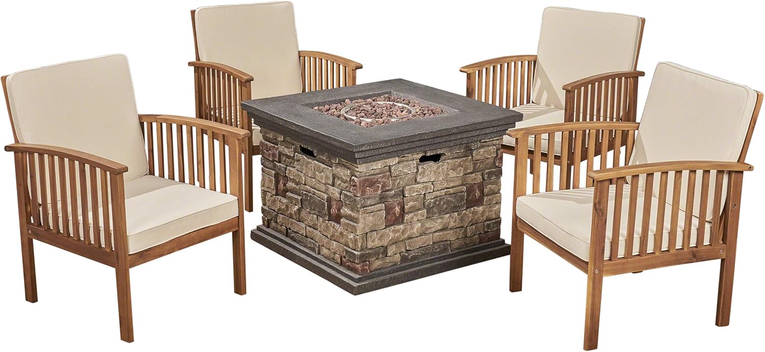 GDFStudio Outdoor 4-Seater Acacia Wood Club Chairs with Firepit, Brown Patina Finish and Cream and Stone