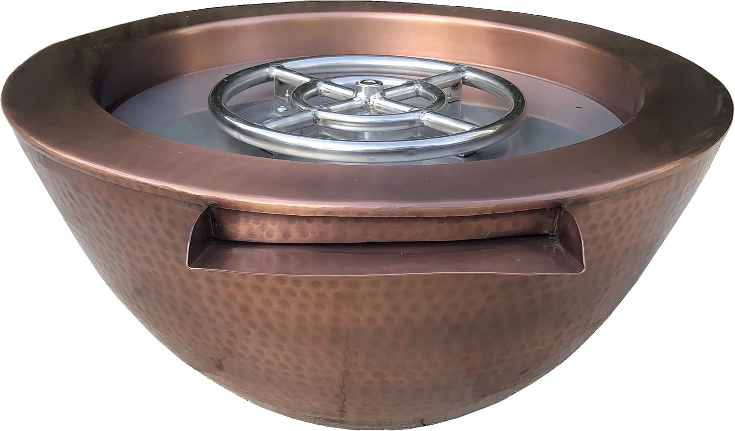 26 Inch Hammered Copper Water Bowl Fountain Round Propane or Natural Gas Fire Pit with 12 inch Diameter Burner Ring 92,000 BTU