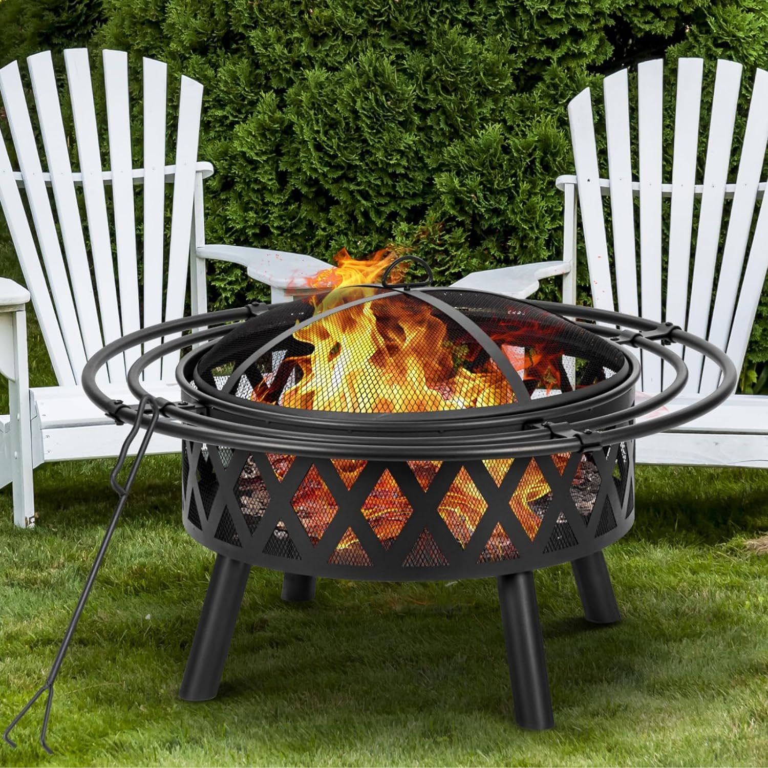 36 Inch Wood Burning Fire Pit with 2 Loops, Outdoor Fire Pit with Spark Screen & Fire Poker, Cross Weave Firepit for Outside Fireplace Bonfire for Yard,Patio, Garden