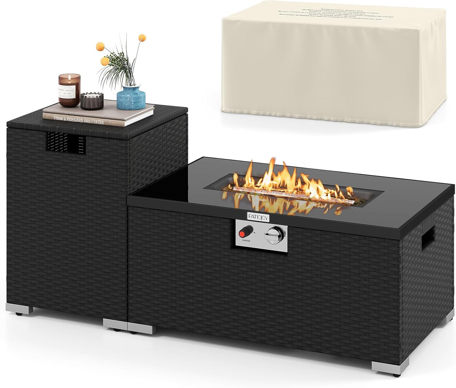 Tangkula 2 Piece Propane Fire Pit Table Set with Tank Cover, Outdoor Rattan Gas Firepit with Lid, Tempered Glass Tabletop, Protective Cover, 40,000 BTU Rectangle Fire Table Set for Outside (Black)