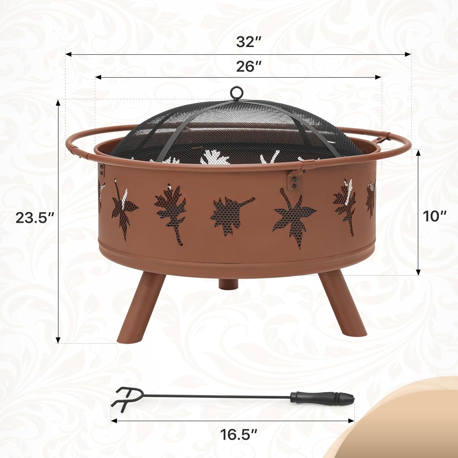 Athena Collection 32 in Fire Pit for Outside Large Wood Burning Firepit Leaf Pattern Iron Firepit Bowl Stove Round Outdoor Fireplace for Camping Heating BBQ Bonfire with Spark Screen Log Grate Poker