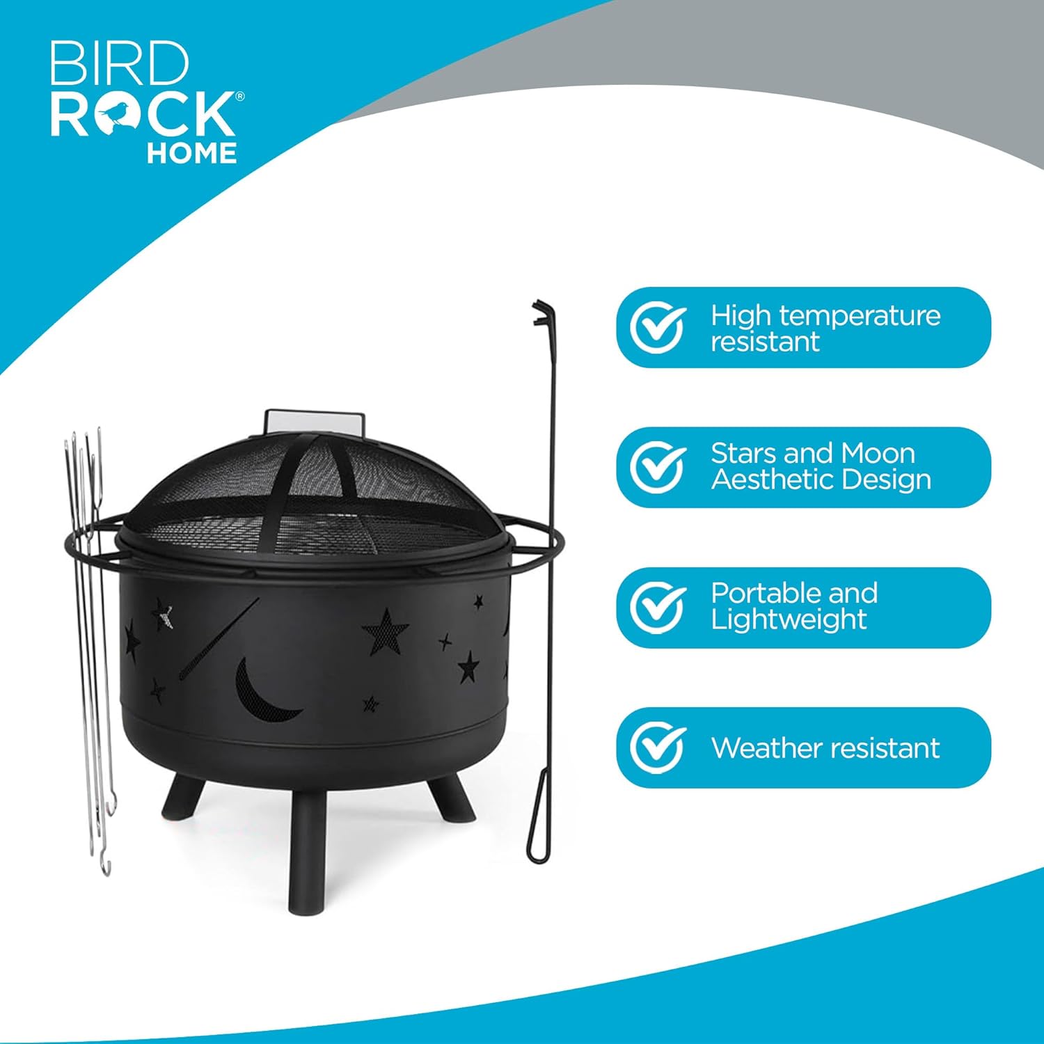 BIRDROCK HOME 30″ Round Wood-Burning Fire Pit – Portable Outdoor Patio & Garden Fire Bowl with Stars & Moon Cut-Outs, Spark Screen, Built-in Grate, 4 Roasting Sticks & Fire Poker - Black