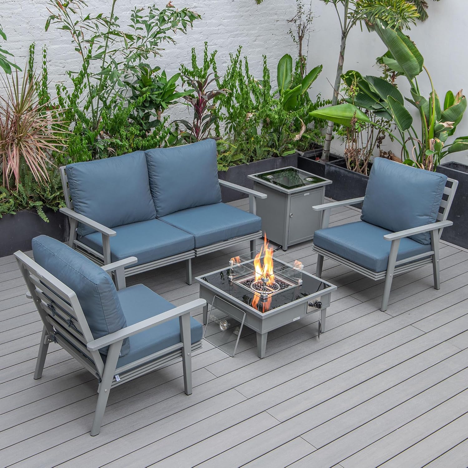 LeisureMod Walbrooke Modern Aluminum 5-Piece Patio Conversation Set with Outdoor Square Fire Pit Table & Side Table Tank Holder (Navy Blue)