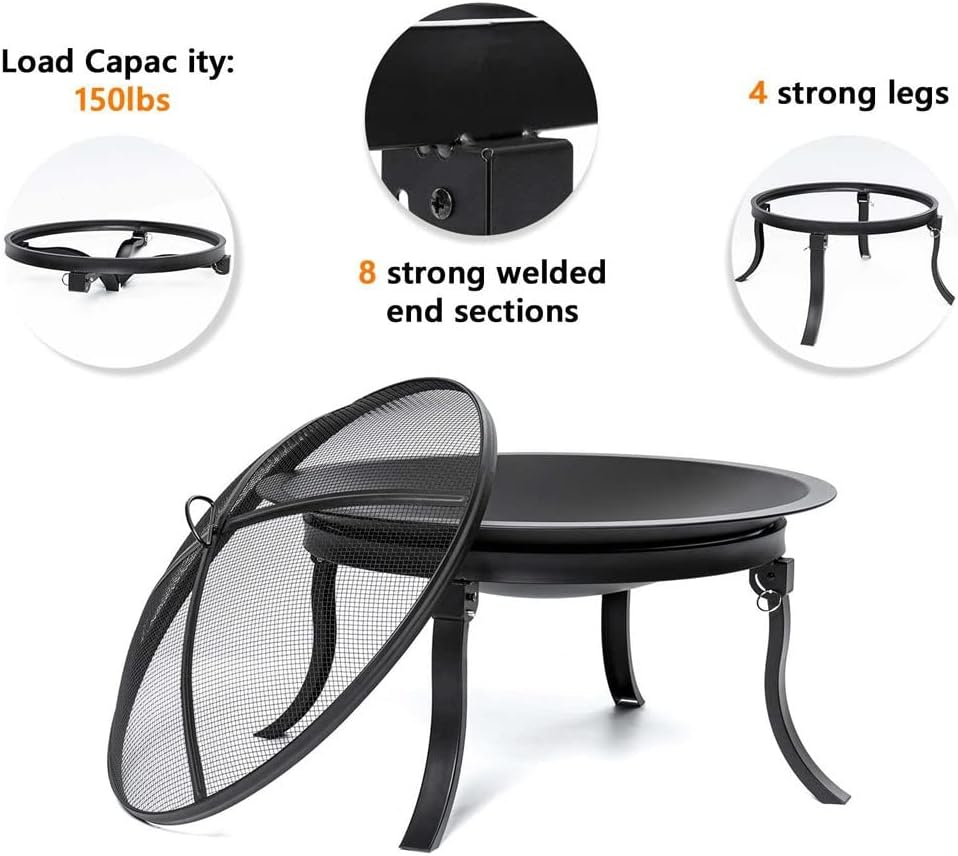 24inch Portable Fire Pits with 4 Foldable Legs Wood Burning Firepit Steel BBQ Grill Fire Bowl for Outdoor Camping Supply