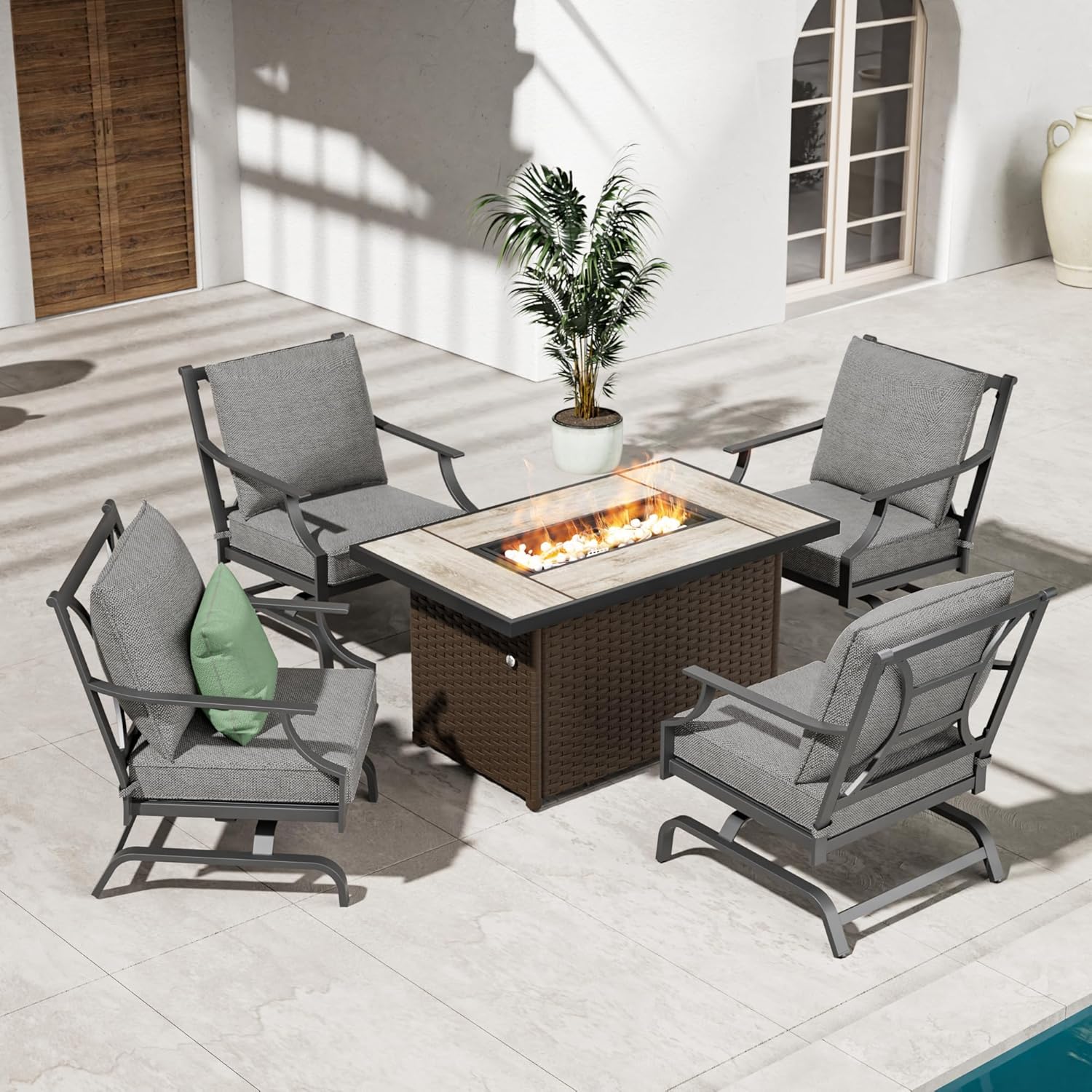 Grand patio 5-Piece Outdoor Furniture Conversation Sets with 43-Inch 50000 BTU CSA Safety Approved Gas Fire Pit Table Rectangle Propane Fire Pit with Ceramic Tile Top and Wicker Base