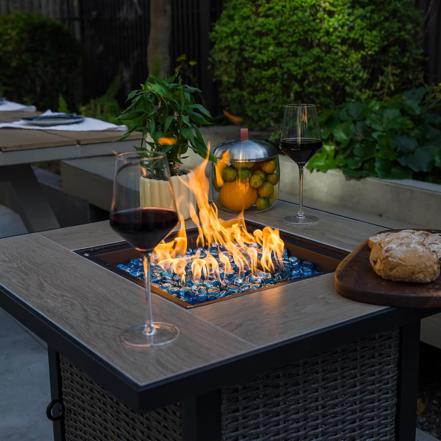 30 Inch Propane Fire Pit Table, 50,000 BTU Electronic-Ignition Rattan Patio Gas Fire Pit with Lid & Blue Glass Bead, Outdoor Fireplace for Dining or Party, Black