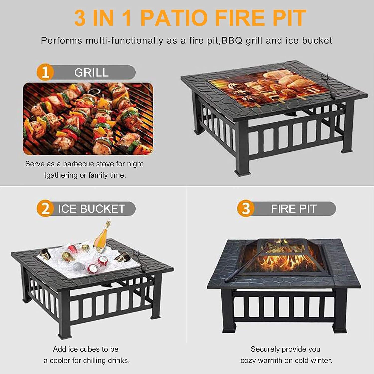 Square Metal Fire Pit Stove 31.89In Outdoor Fire Pit Table with Grill,Your Garden Warm Companion.