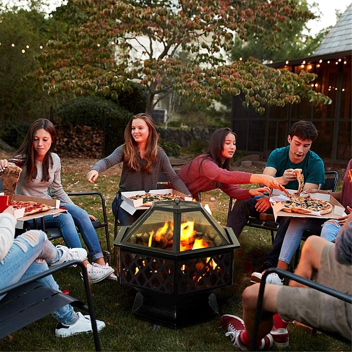 Fire Pit Metal Outdoor Wood Burning Firebowl Fireplace with Spark Screen Retardant Mesh Lid and Poker for Outside Backyard Deck