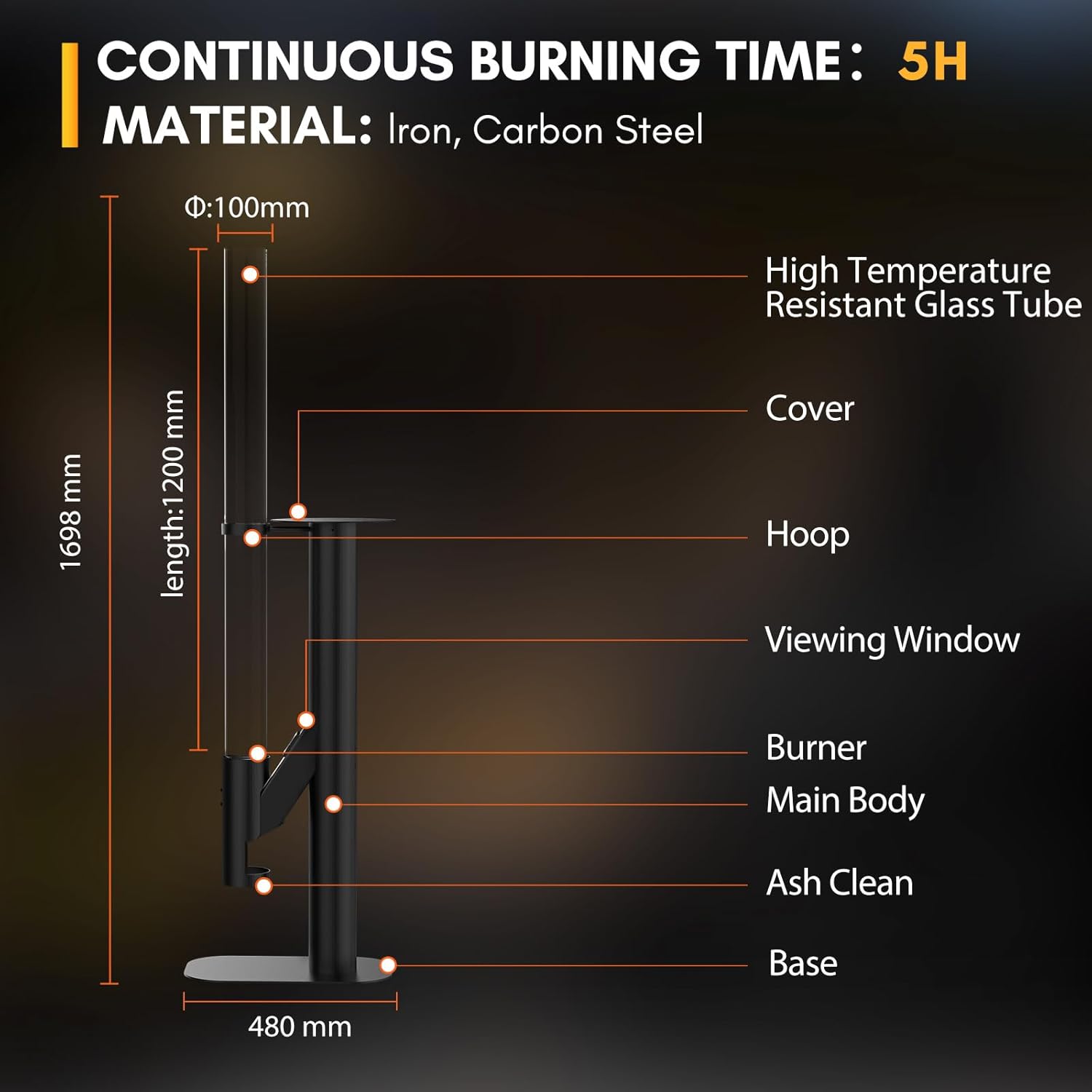 Rayzi 67 Inch Outdoor Pellet Heater, Patio Heater Wood Pellet Stove, Pellet Fire Pit for Outdoor - Smokeless Wood Pellet Burning Flame, Outside Backyard Bonfire, Fireplace for Camping Garden Picnic