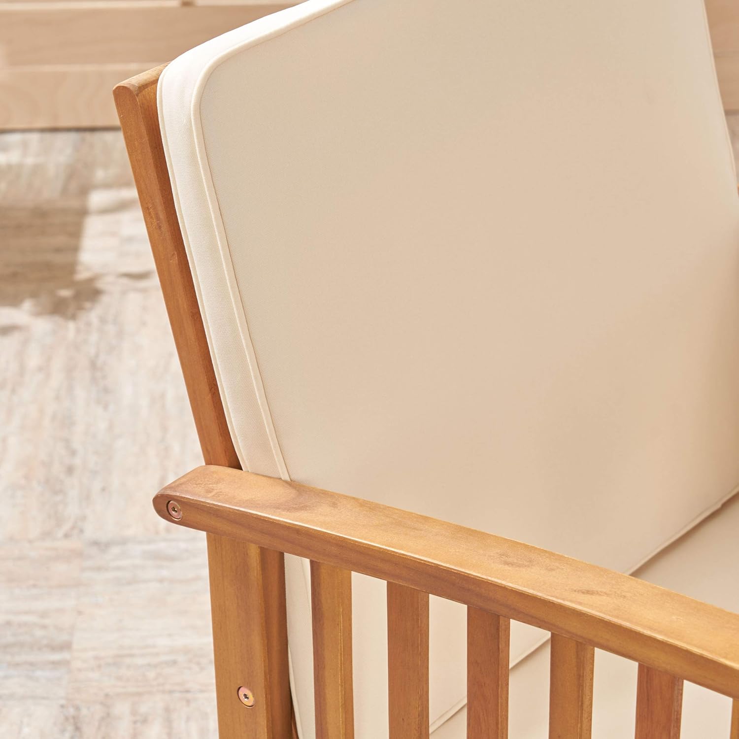 GDFStudio Outdoor 4-Seater Acacia Wood Club Chairs with Firepit, Brown Patina Finish and Cream and Stone