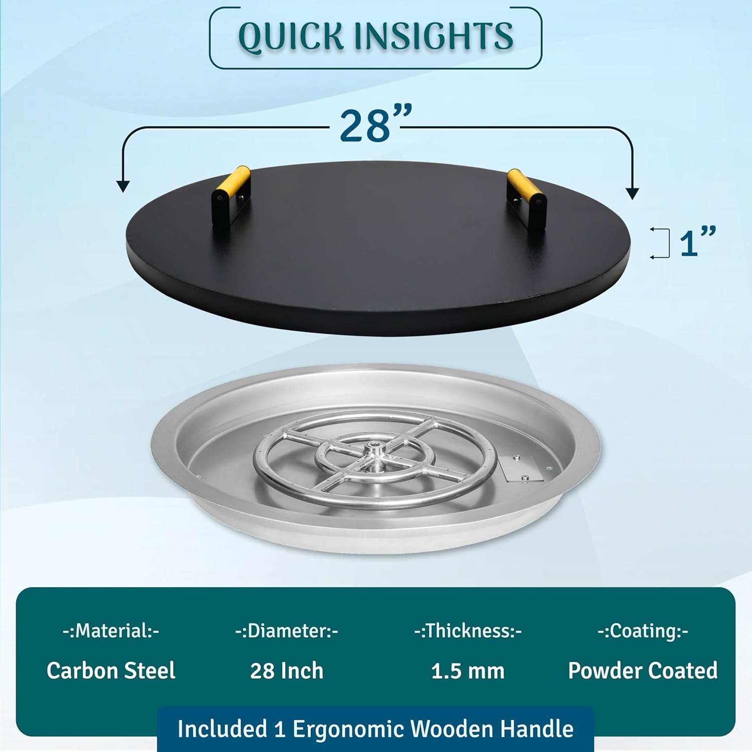 FEBTECH 28 Inch Firepit Snuffer Lid Compatible for 24” Flat Fire Pit Burner Pan & 25” Round Drop in Fire Pit Burner Pan - Rust Resistant 1.5mm Thick Carbon Steel Fire Pit Lid with Ergonomic Handle