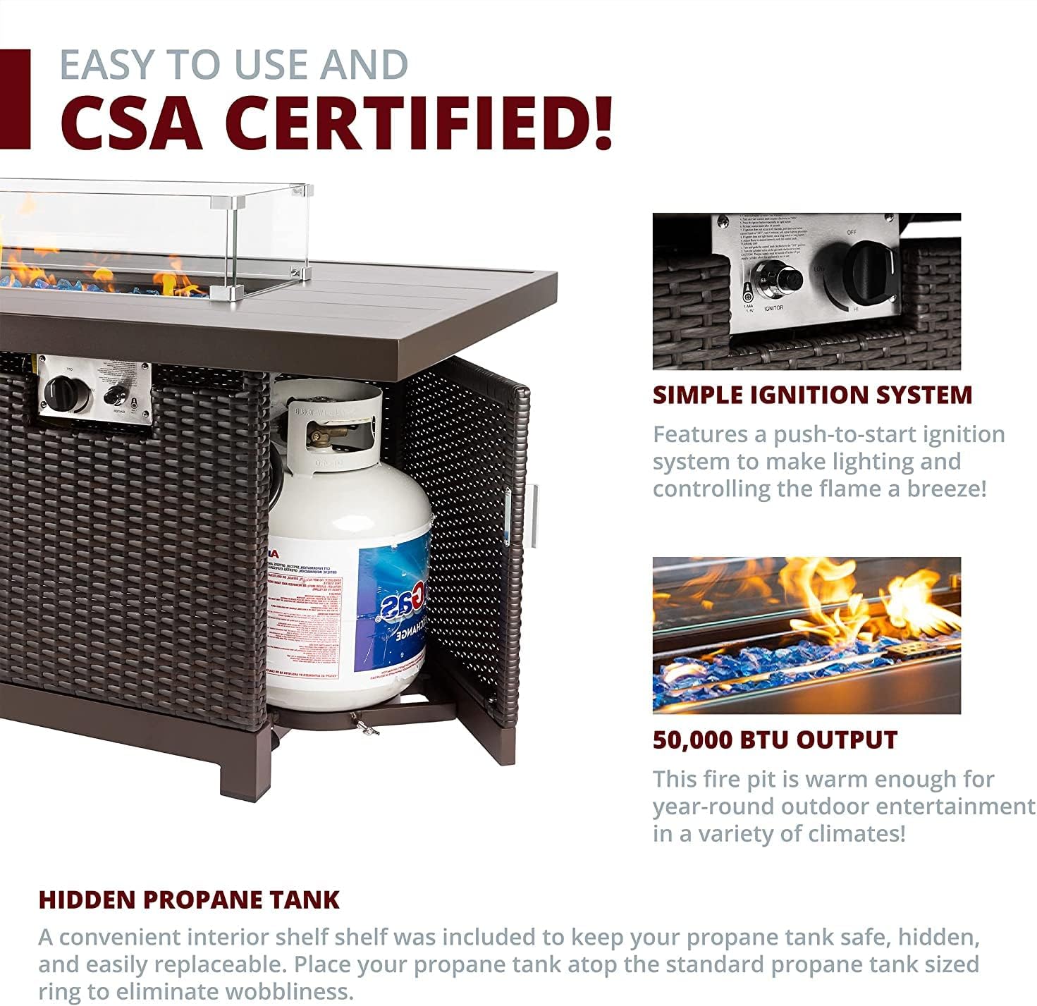 52 inch Outdoor Propane Fire Pit Table 50,000 BTU Patio Firepit Outdoor,Rectangle Fire Table with Lid, Aluminum Tabletop, Rattan Wicker, Auto-Ignition, Wind Guard (Brown)