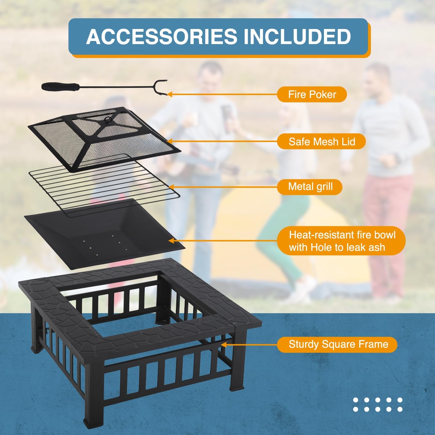 Fire Pit Table Square Metal Firepit Stove Backyard Patio Garden Stove Fireplace Mesh Cover Poker for Camping, Outdoor Heating, Bonfire and Picnic,32in