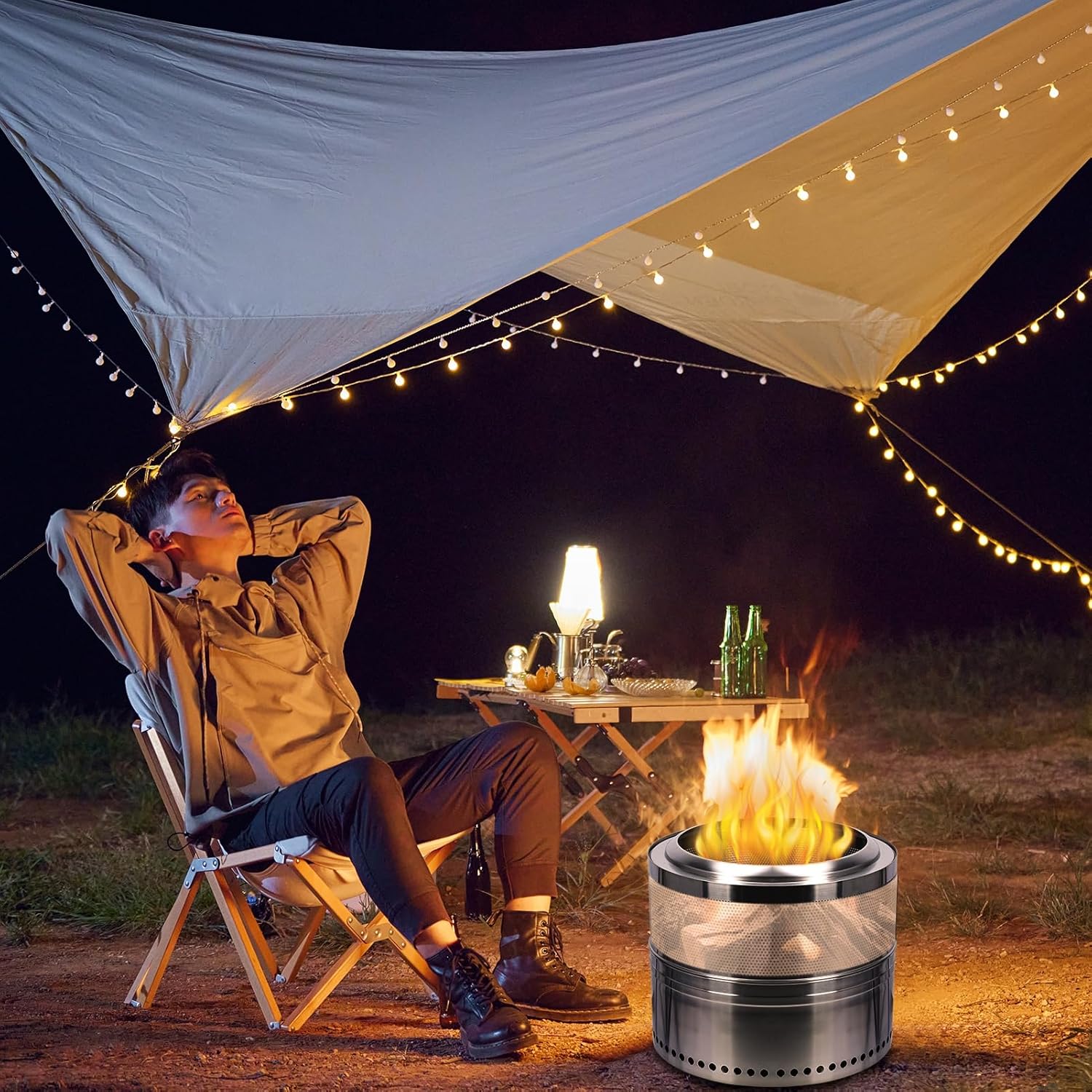 19.69 Inch Smokeless Fire Pit for Outdoor, Portable Wood Burning Fire Bowl with Ash Pan, Stainless Steel Camping Fireplace for Patio Garden Backyard Bonfire BBQ 50 cm