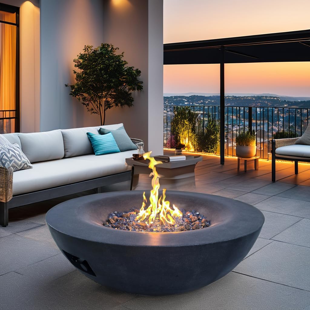 42 Inch Outdoor Concrete Propane Gas Fire Pit Bowl in Dark Gray Color