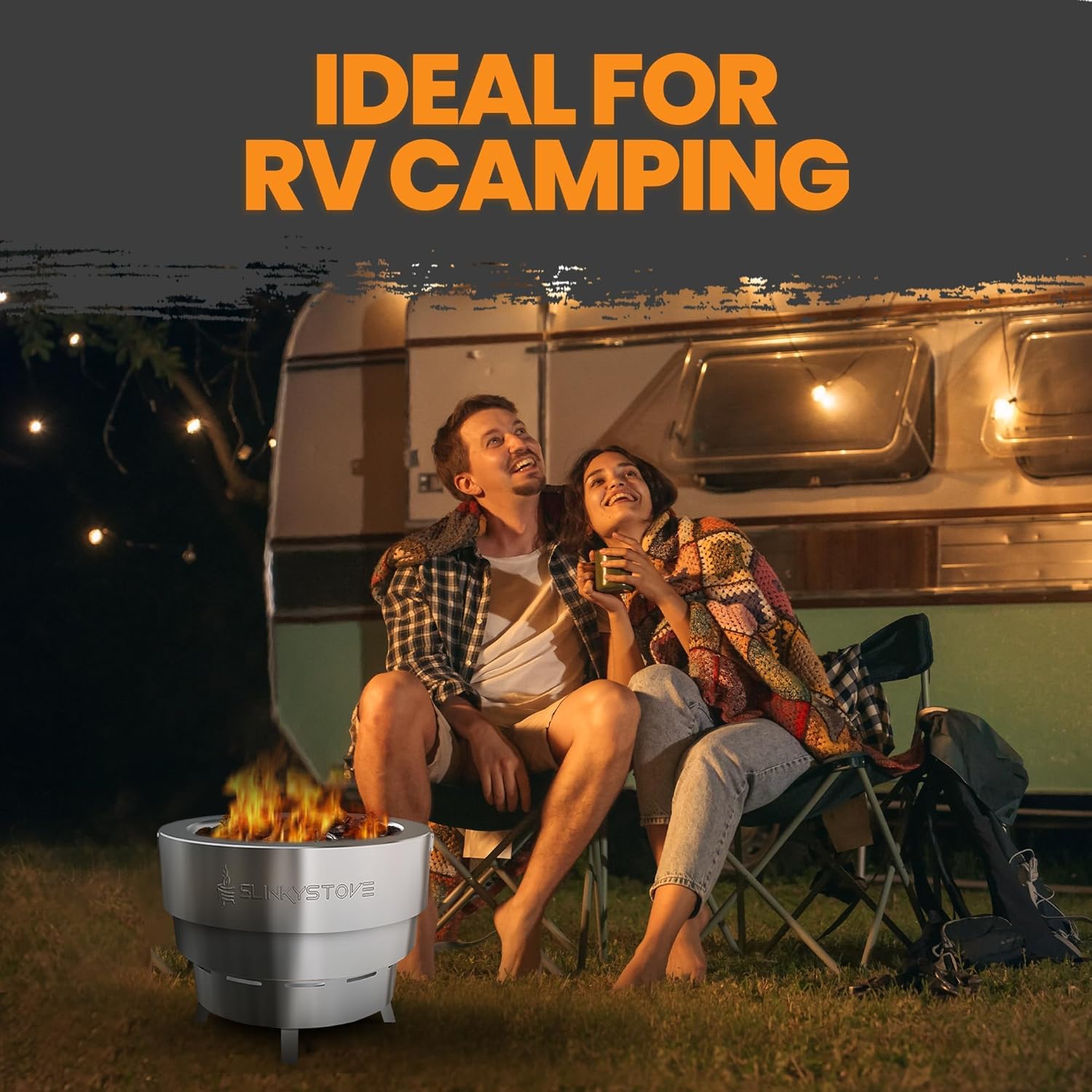 Slinky Stove Smokeless Fire Pit for Outdoor Wood-Burning - 17-Inch Patented Collapsible Firepit with Cooking Grill - Portable Stainless Steel Solo Pit for Camping, Backyard, Patio Bonfires