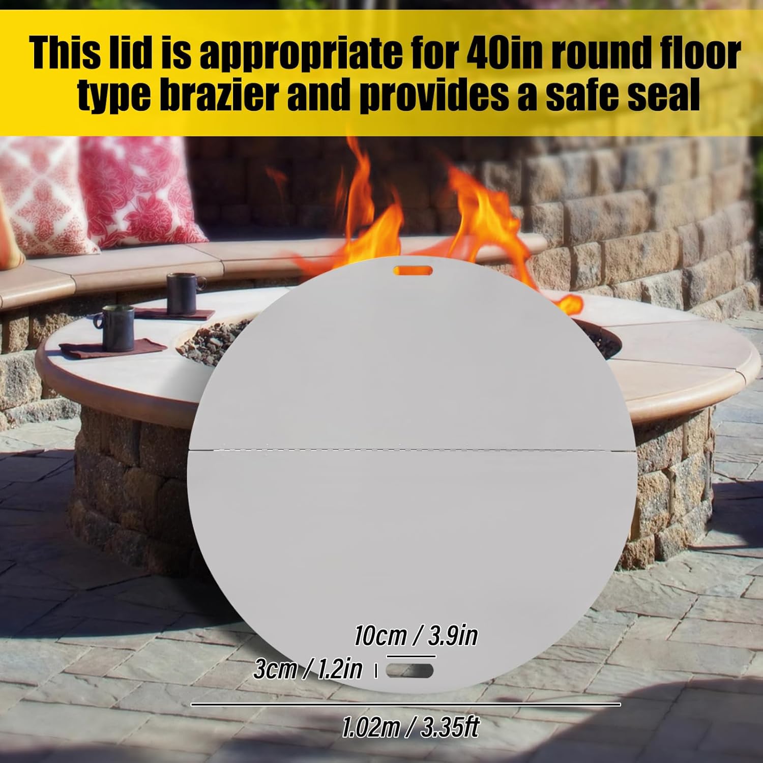 Fire Pit Lid Round, 40 Inch Foldable Fire Pit Ring Snuff Cover, 3mm Thickness 430 Stainless Steel Fire Pit Spark Screen Cover, Built-in Handle Fire Pit Lid for 40 in Round Floor Type Brazier