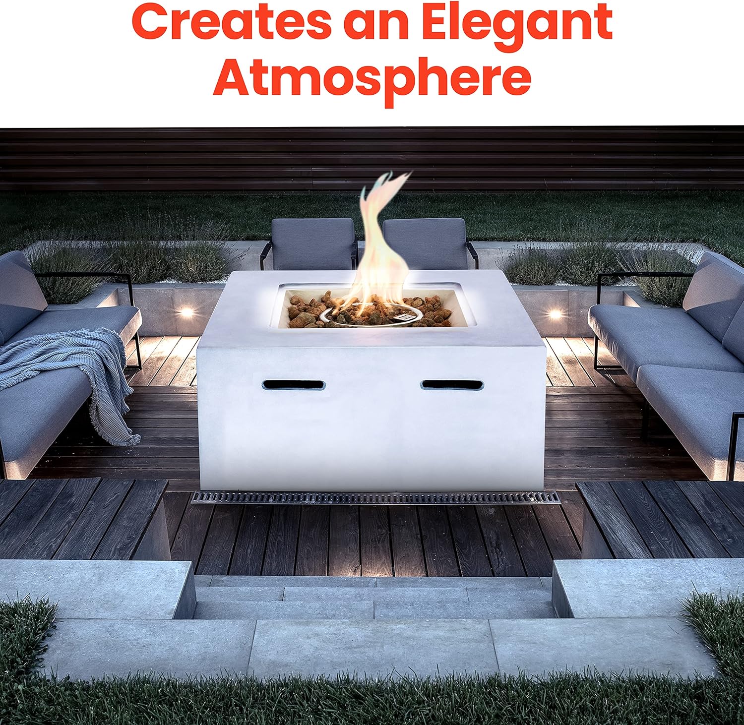 SereneLife Outdoor Propane Fire Pit Table, 40,000 BTU Square Gas Fire Table with Adjustable Flame, Thermocouple, PVC Cover, Lava Rocks, Weather-Resistant Design – Model SLFPCN42.6