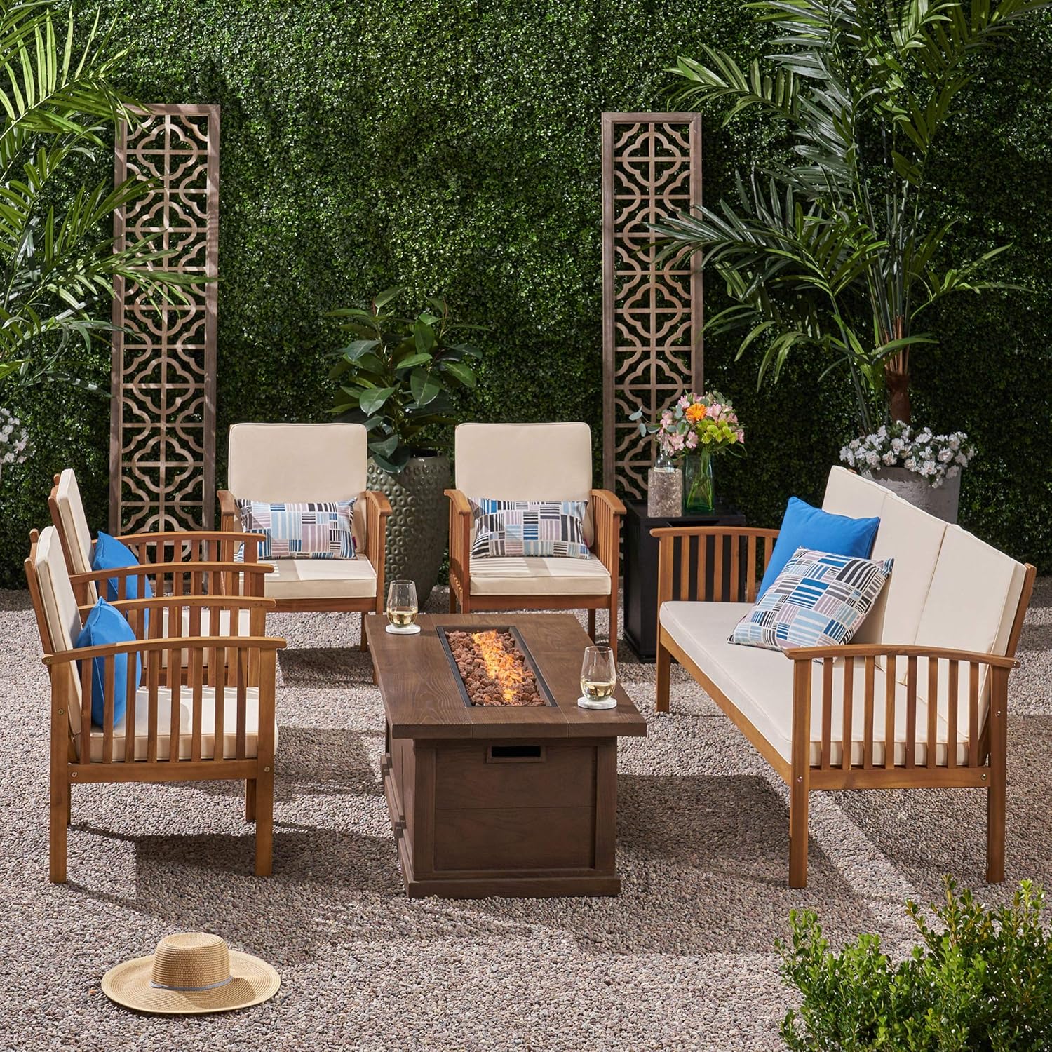 GDFStudio Outdoor 7 Piece Acacia Wood Chat Set with Fire Pit, Teak and Brown