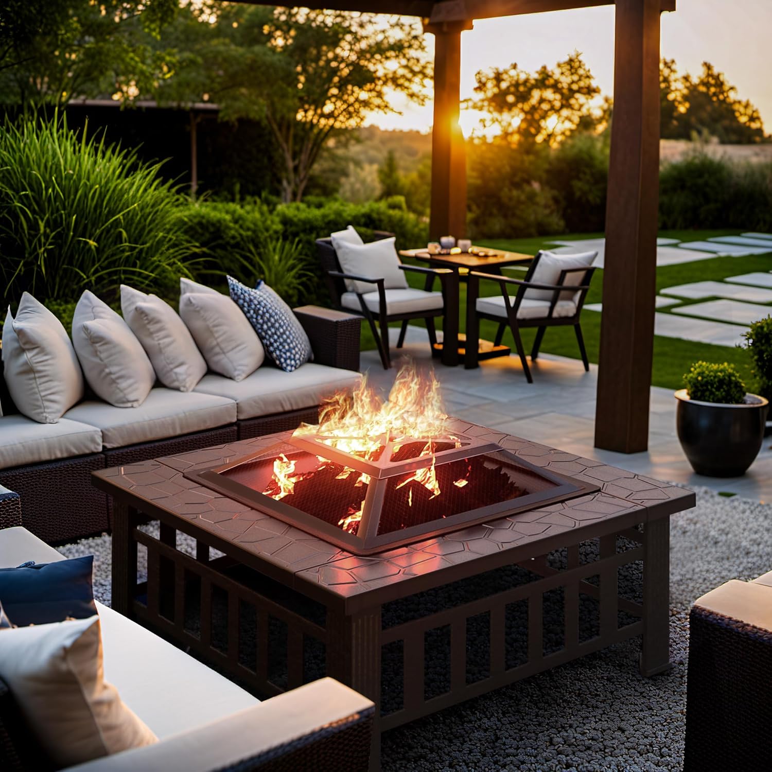 Greesum Multifunctional Patio Fire Pit Table, 32in Square Metal BBQ Firepit Stove Backyard Garden Fireplace with Spark Screen Lid and Rain Cover for Camping, Outdoor Heating, Bonfire, Dark Black