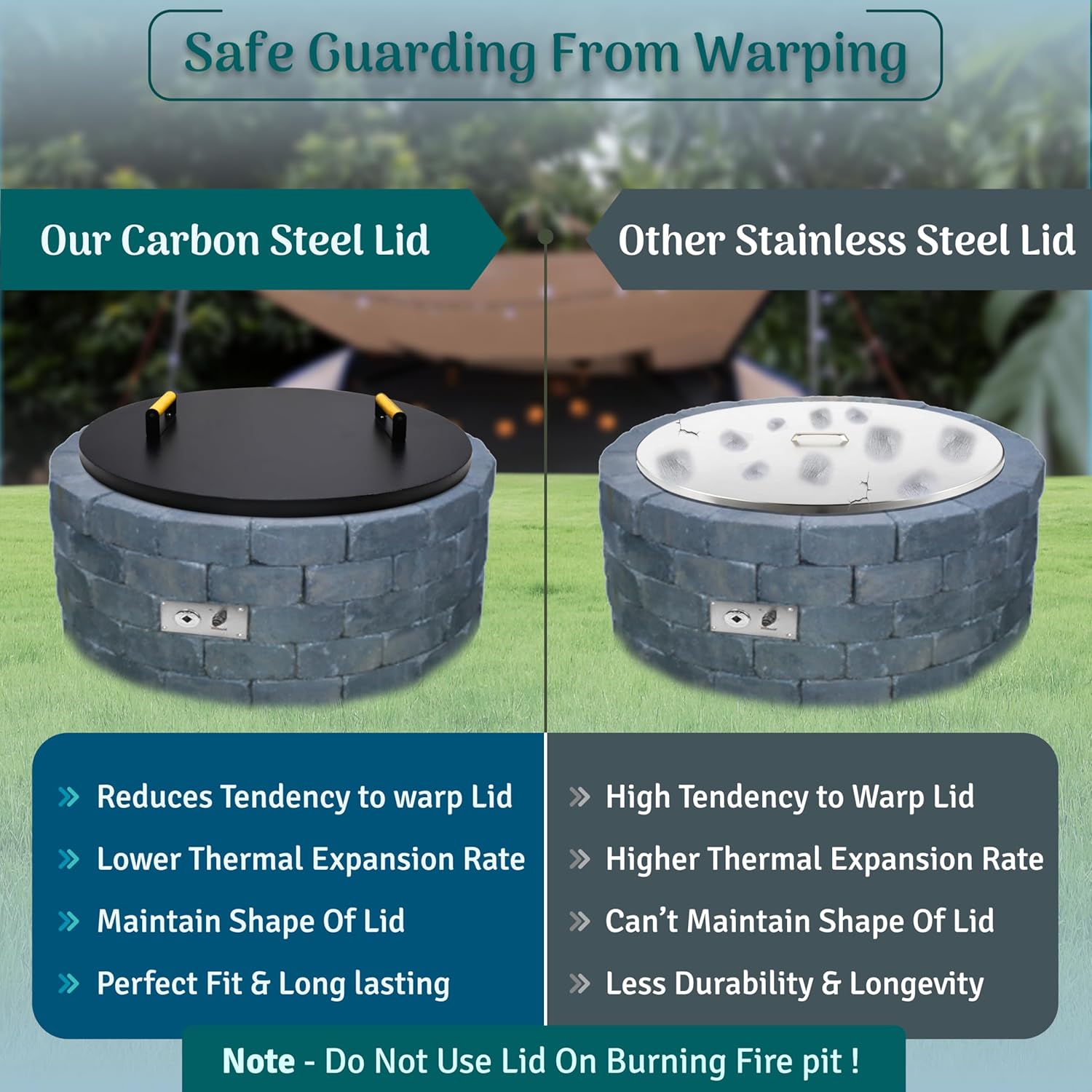 FEBTECH 28 Inch Firepit Snuffer Lid Compatible for 24” Flat Fire Pit Burner Pan & 25” Round Drop in Fire Pit Burner Pan - Rust Resistant 1.5mm Thick Carbon Steel Fire Pit Lid with Ergonomic Handle