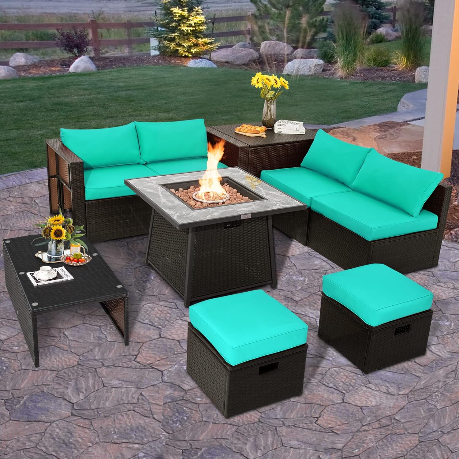 COSTWAY 9 Piece Patio Furniture Set with 35'' Fire Pit Table, Outdoor Wicker Rattan Sectional Sofa Set with 4'' Thickened Cushions, 2 Coffee Tables and 2 Ottomans for Poolside Backyard (Turquoise)