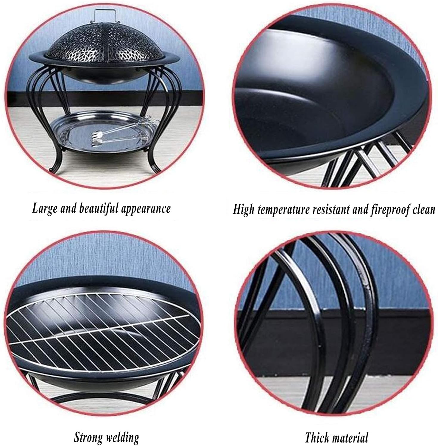 Outdoor Fire Pit, Garden Patio Heater Charcoal Log Wood Burner, Steel Fire Bowl for BBQ Camping Picnic,Black-43 * 39.5 * 39.5cm