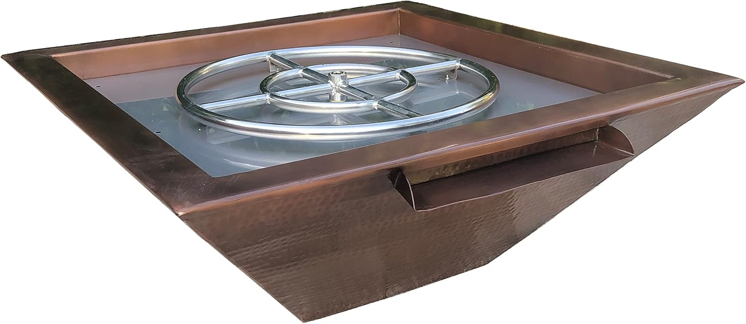 30 Inch Hammered Copper Water Bowl Fountain Square Propane or Natural Gas Fire Pit with 18 inch Diameter Burner Ring 147,000 BTU