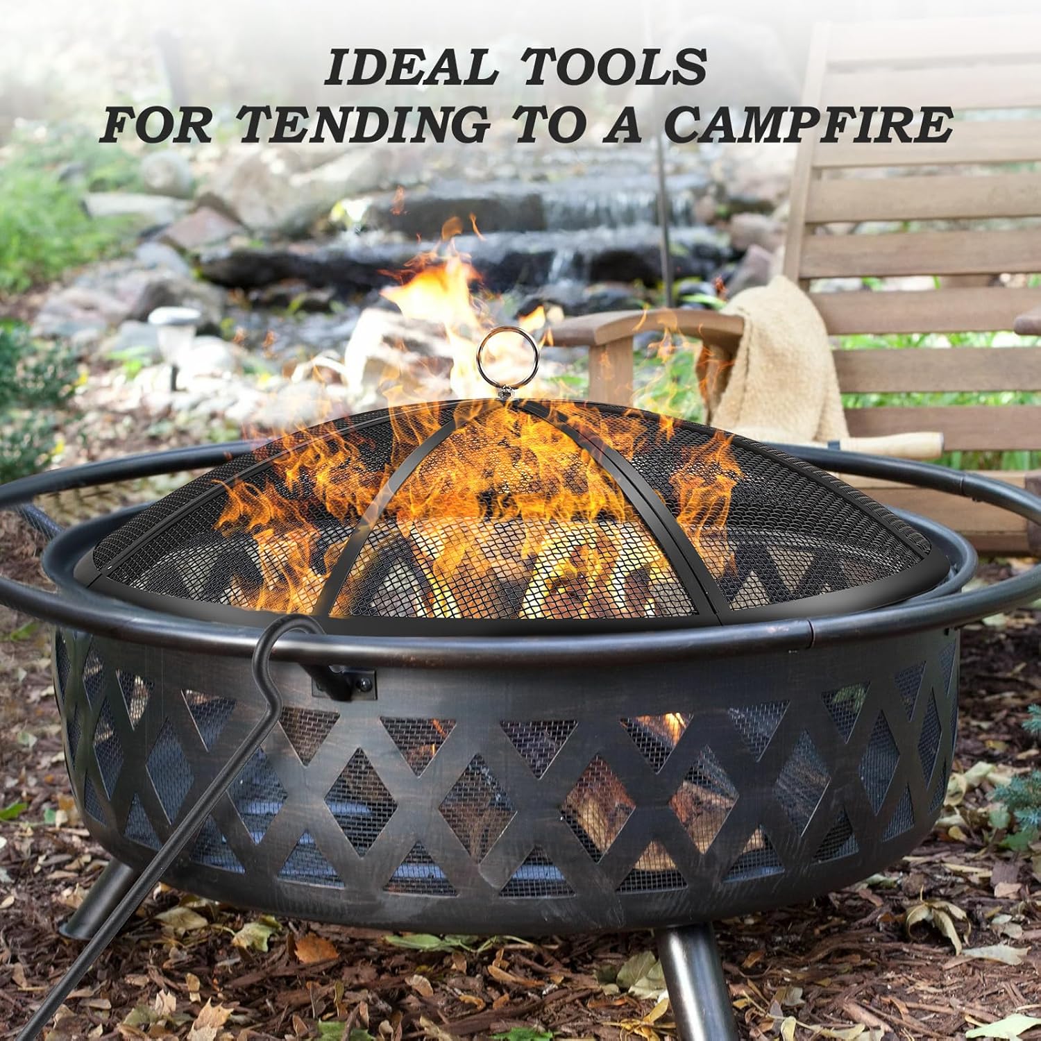 Fire Pit Spark Screen, 40 Inch Diameter Fire Pit Screen with Handle & Poker,Heavy Duty Metal Mesh Fire Pit Screen,Fire Pit Lid for Outdoor/Beach/RV Camping/Backyard