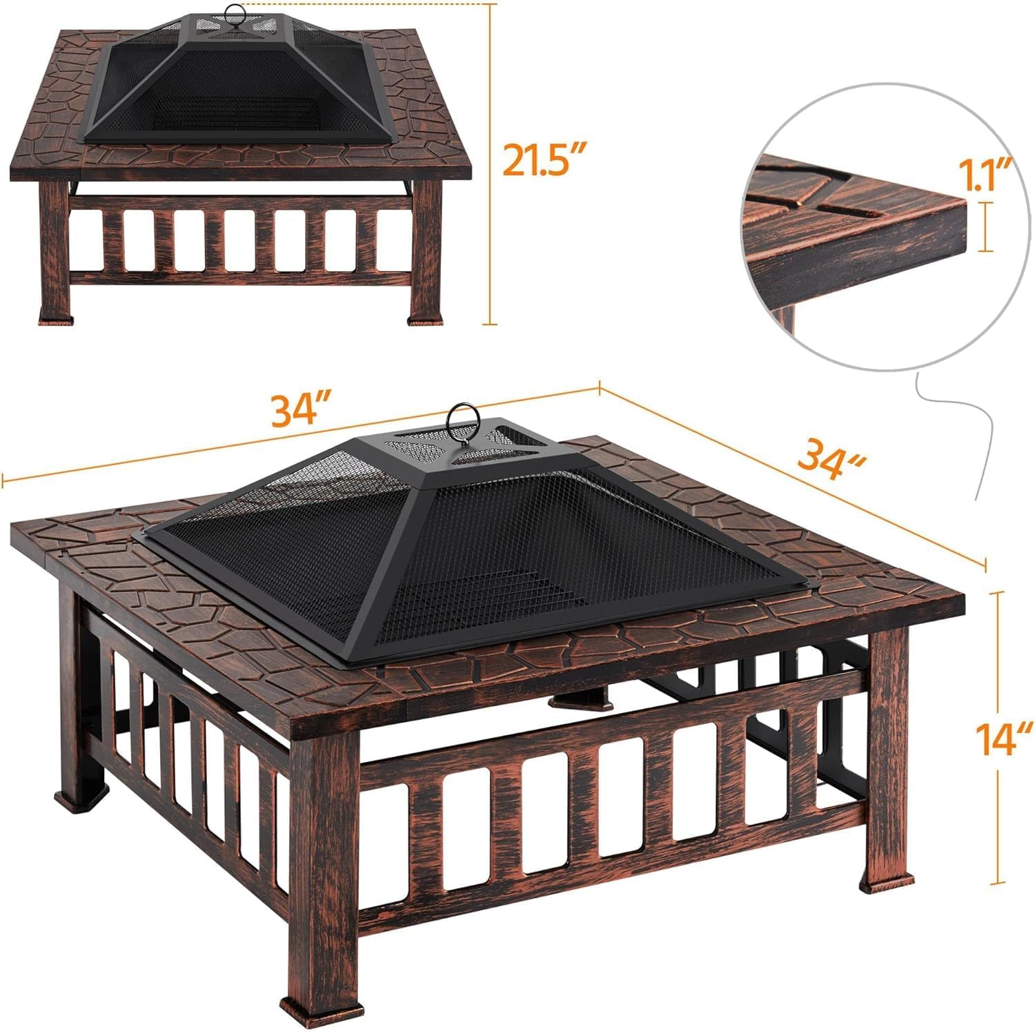 34in Fire Pit Table Outdoor Fire Pits Square Steel Stove with Mesh Screen, Waterproof Cover Poker for Outside Patio Bonfire Camping (Copper)