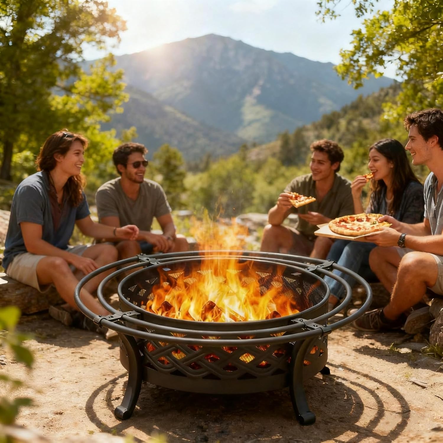 36 Inch Fire Pit with 2 Loops,Crossweave Wood Burning Fire Pits for Outside,with Spark Screen,Fire Poker,Round Outdoor Firepit for Patio,Yard,Garden,Camping,Bonfire(36''Black)