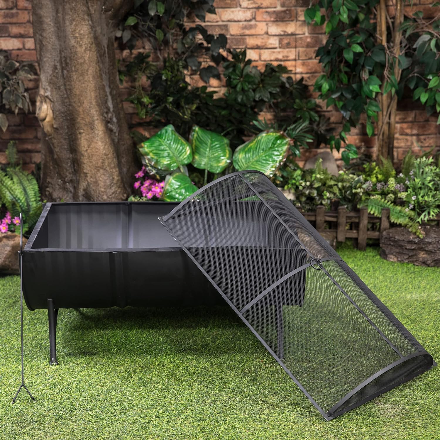 35-Inch Large Oval Barrel Wood Burner Firepit Patio Firebowl for Outside Use - Outdoor Wood Burning Fire Pit with Spark Screen and PVC Cover Protector, Black