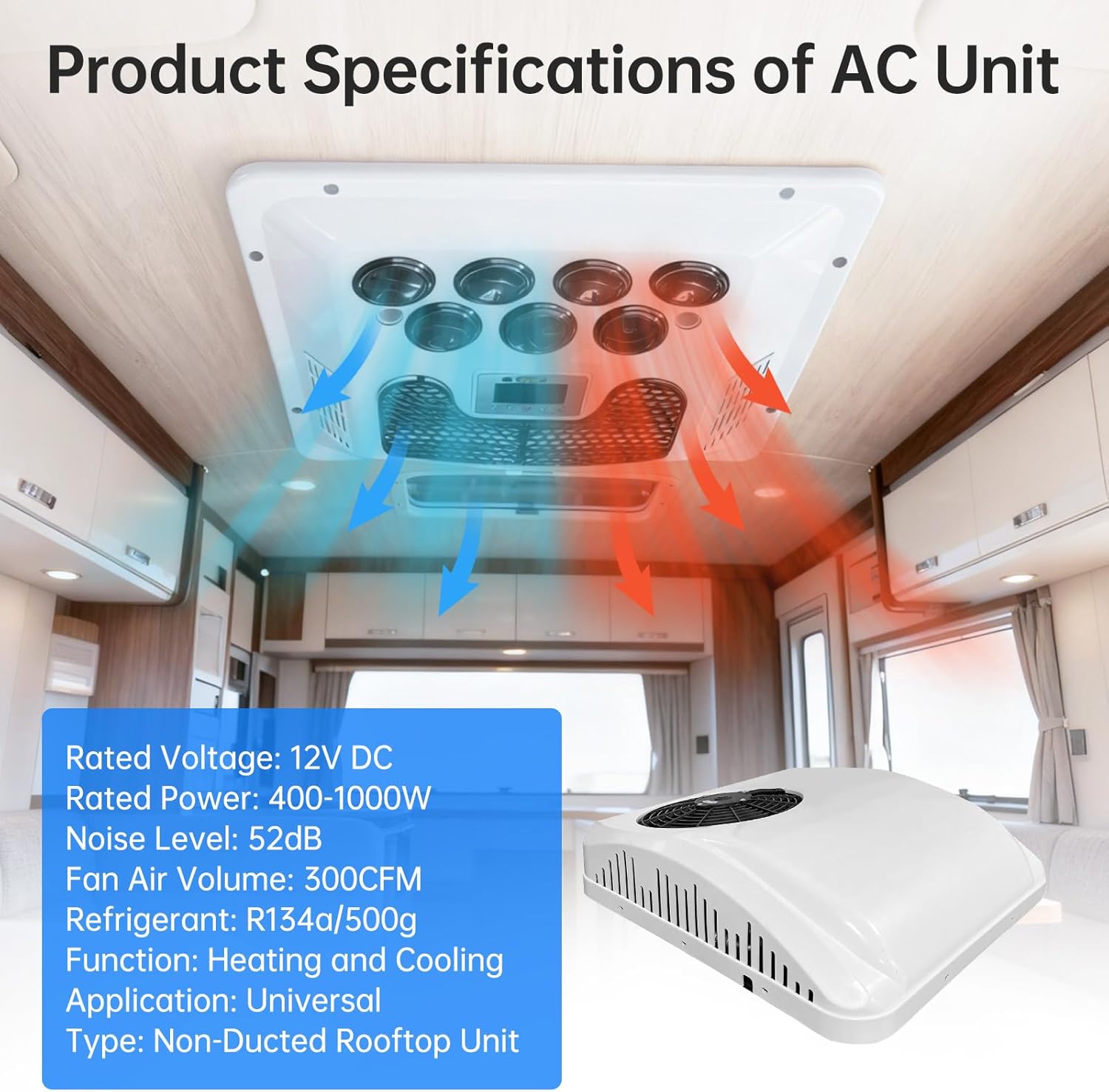 12V RV Air Conditioner Rooftop 8000BTU with Heating, Fast Cooling & Heat Ultra Thin Low Profile Ultra Quiet, Non-Ducted 12 Volt AC Unit for Camper Van Truck Trailer Motorhome