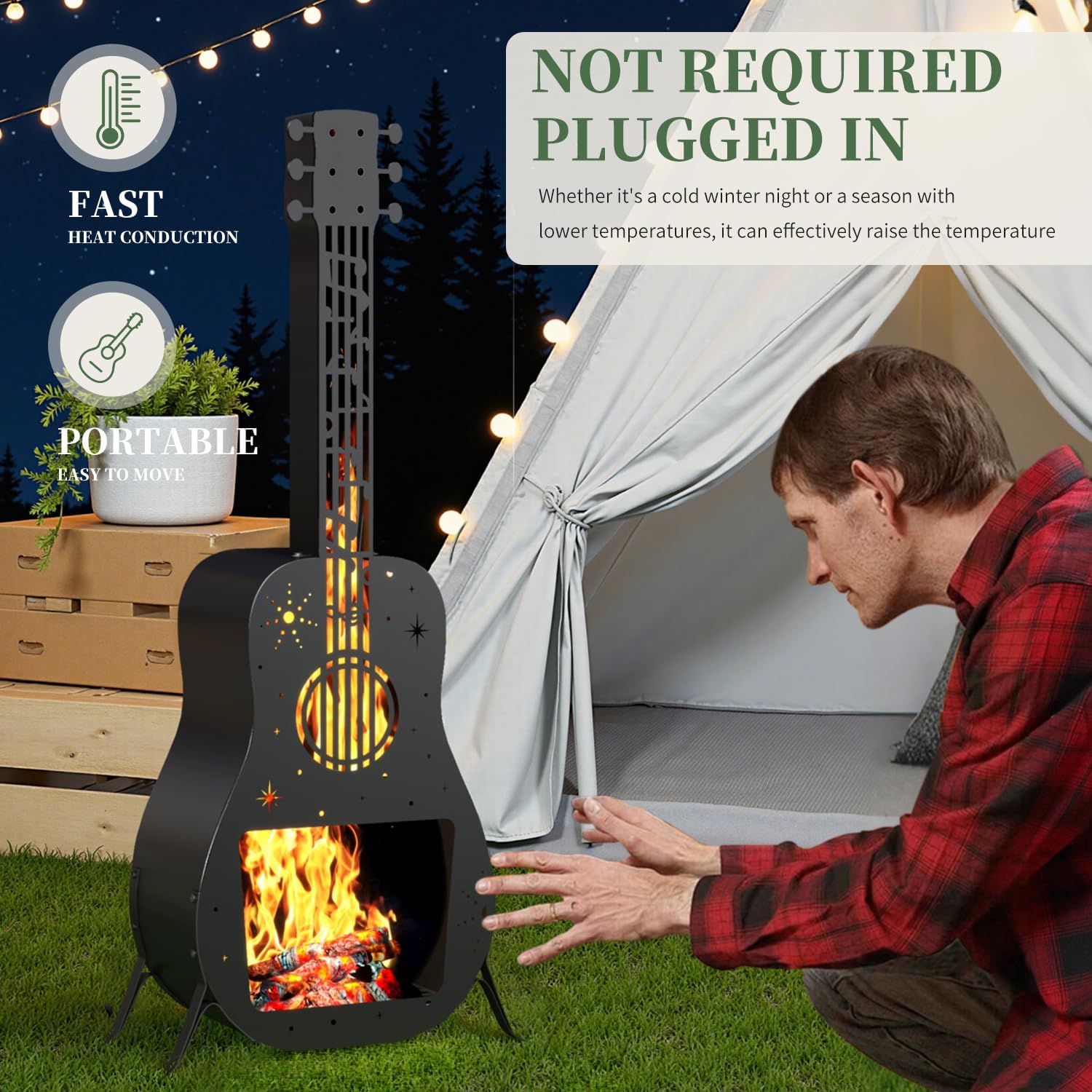 Outdoor Fire Pit for Wood Burning, Fire Pits for Outside, Guitar Shaped Chiminea Outdoor Fireplace, Wood Firepit for Patio, Portable Fire Pit for Camping