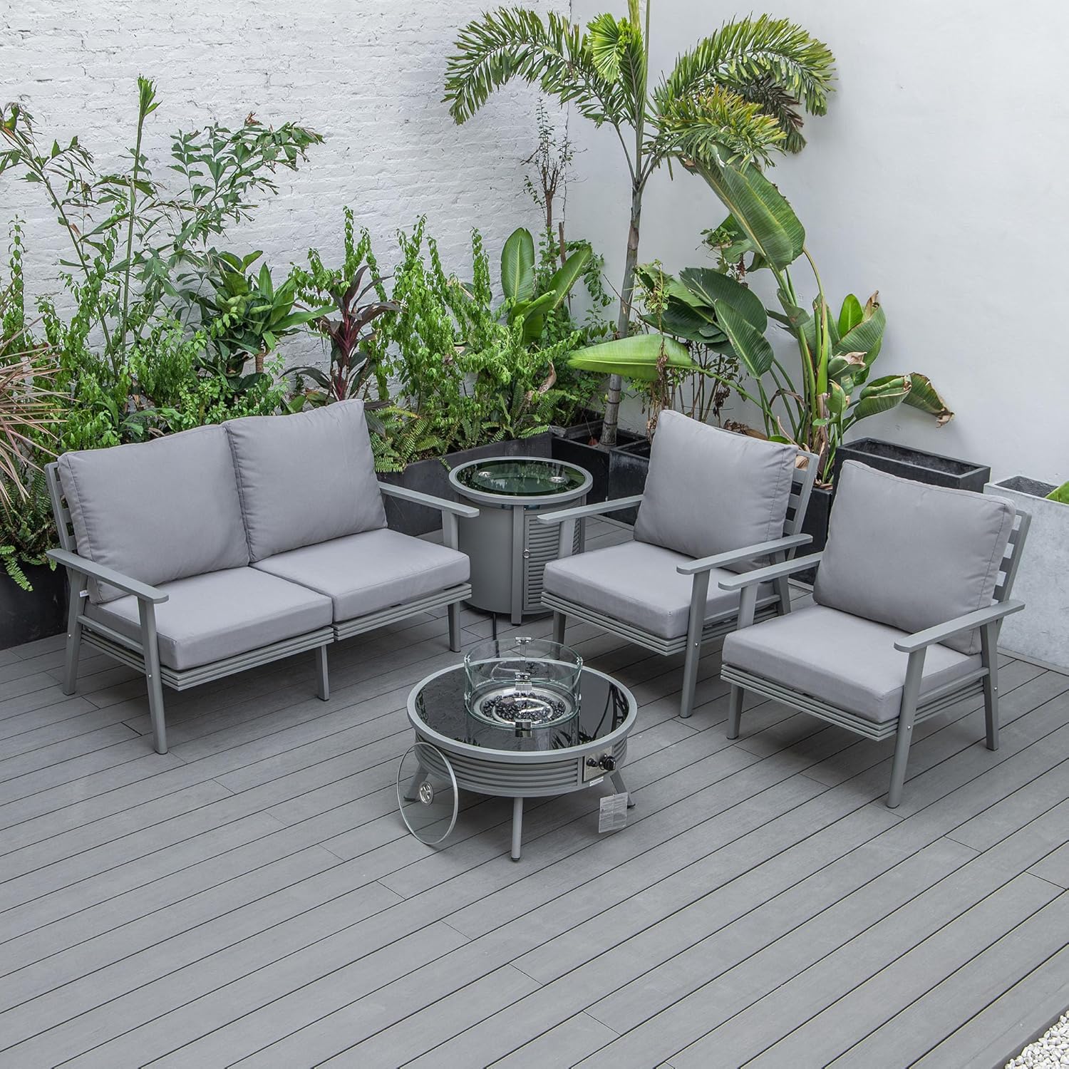 LeisureMod Walbrooke Modern Aluminum 5-Piece Patio Conversation Set with Outdoor Round Fire Pit Slats Design & Side Table Tank Holder, Grey