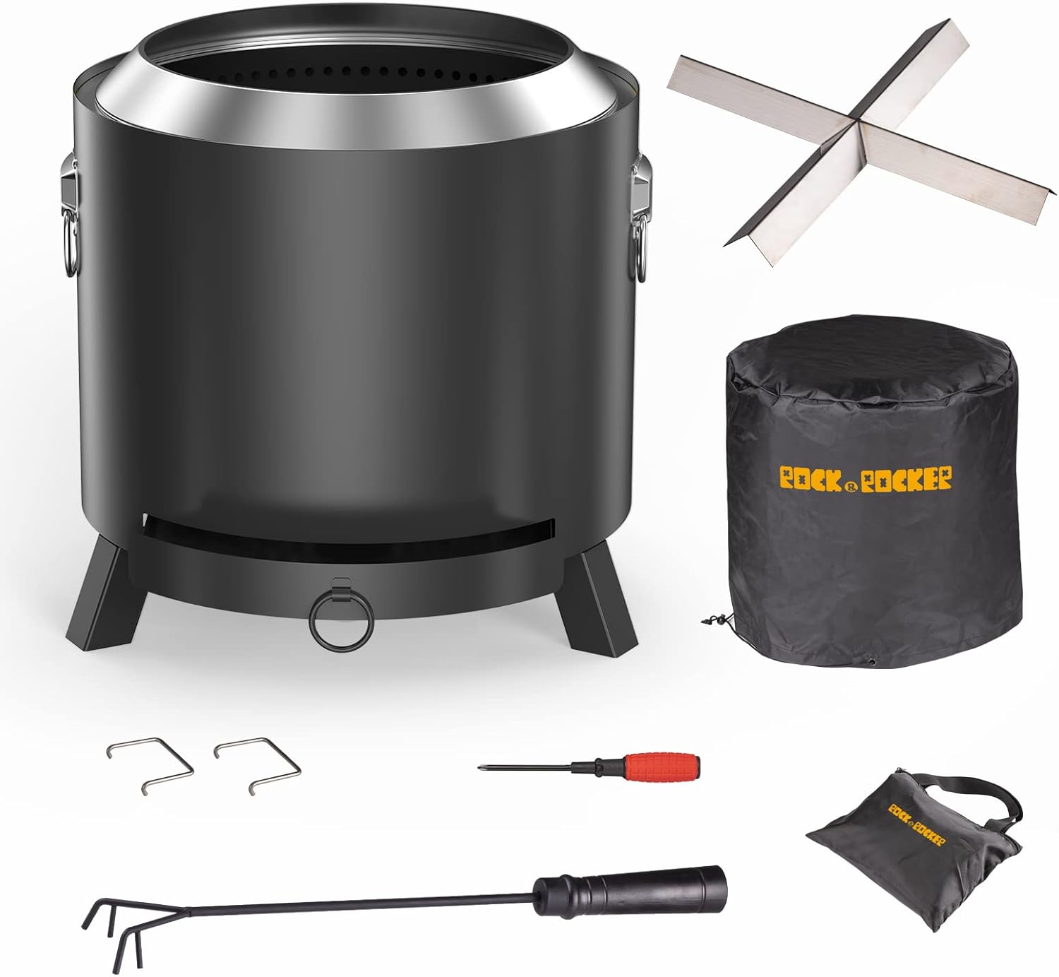 Rock&Rocker Smokeless Fire Pit, 304 Stainless Steel, 18.5 Inch Outdoor Bonfire Firepit, Fire Pits for Outside, with Removable Ash Pan, Portable Handle & Waterproof Cover, for Backyard Party, BBQ