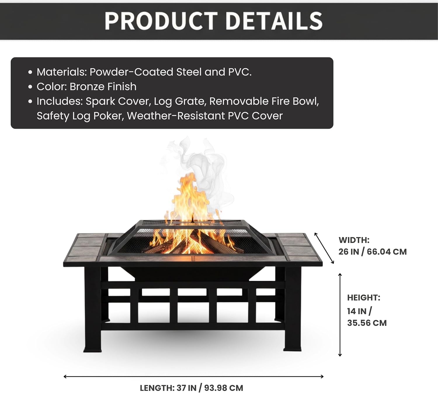 Fire Pit Set, Wood Burning Pit -Includes Screen, Cover and Log Poker- Great for Outdoor and Patio, 37” Marble Tile Rectangular Firepit by Pure Garden