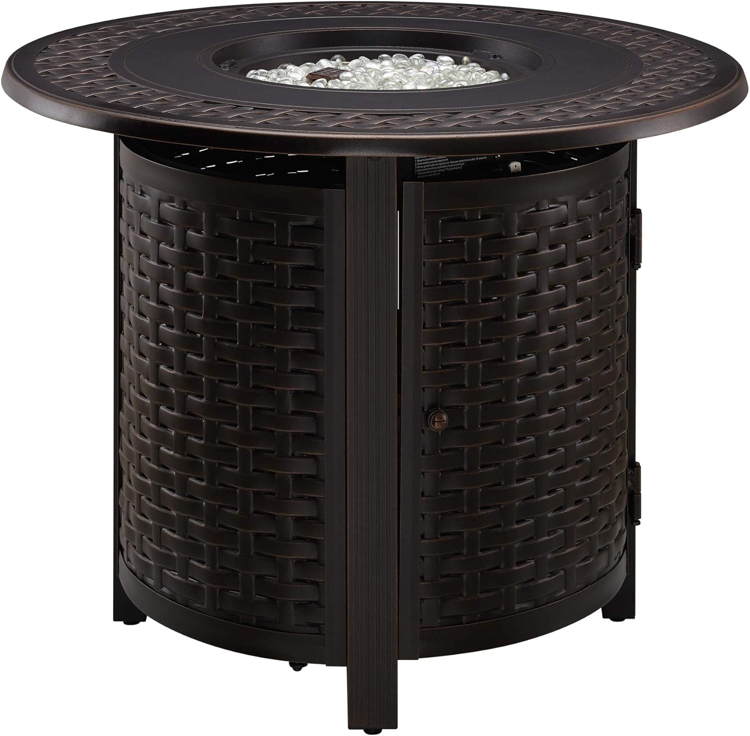 Hendricks Woven Aluminum Convertible Gas Fire Pit Table 37,000 BTU Multi-Functional Outdoor with Fire Bowl Lid, Nylon Weather Cover & Clear Fire Glass - Bronze Finish - Round - 34