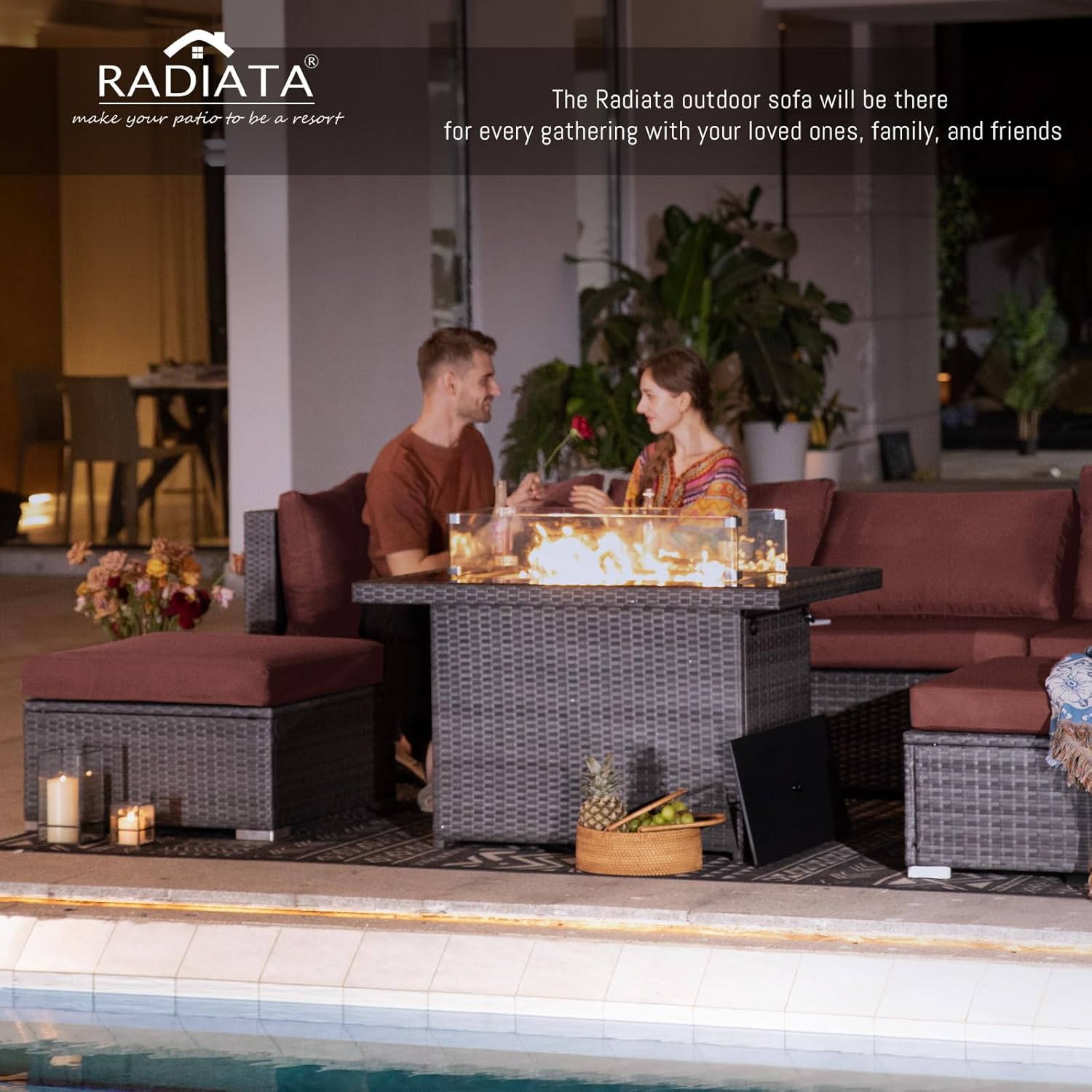 RADIATA 7 Piece Wicker Patio Furniture Set with Fire Pit, All-Weather Outdoor Sectional Couch High Back Large Size, Modular Backyard Seating Sofa Set with Propane/Natural Gas Firepit Table, Grey&Red