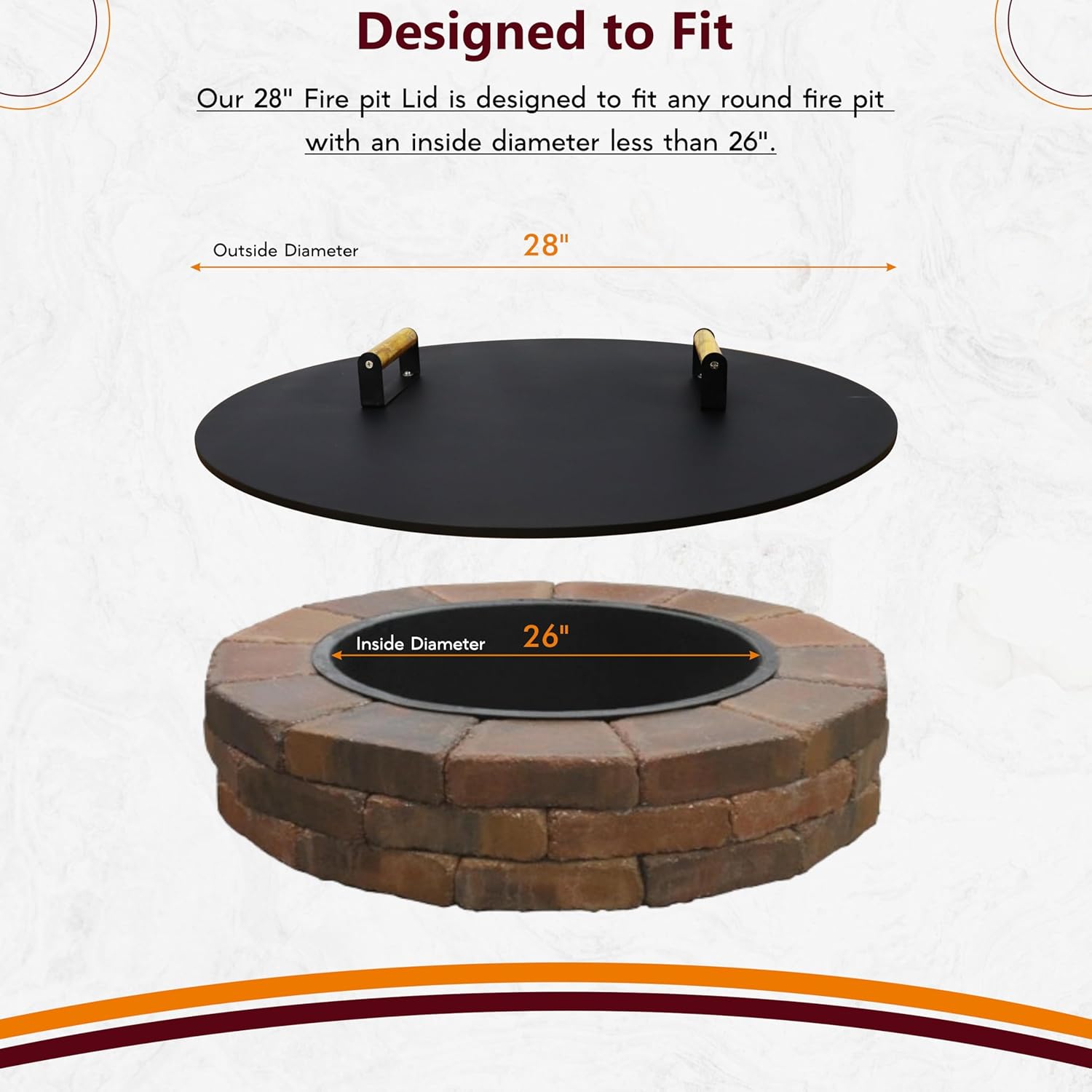 Round Fire Pit Lid - 28 inch fire pit cover Metal with Wooden Handles - Fits for Bonfire Pits or Propane Fire Pit Fire Tables, Weather Resistance Outdoor Firepit & Smokeless Fire Pit Cover as Tabletop