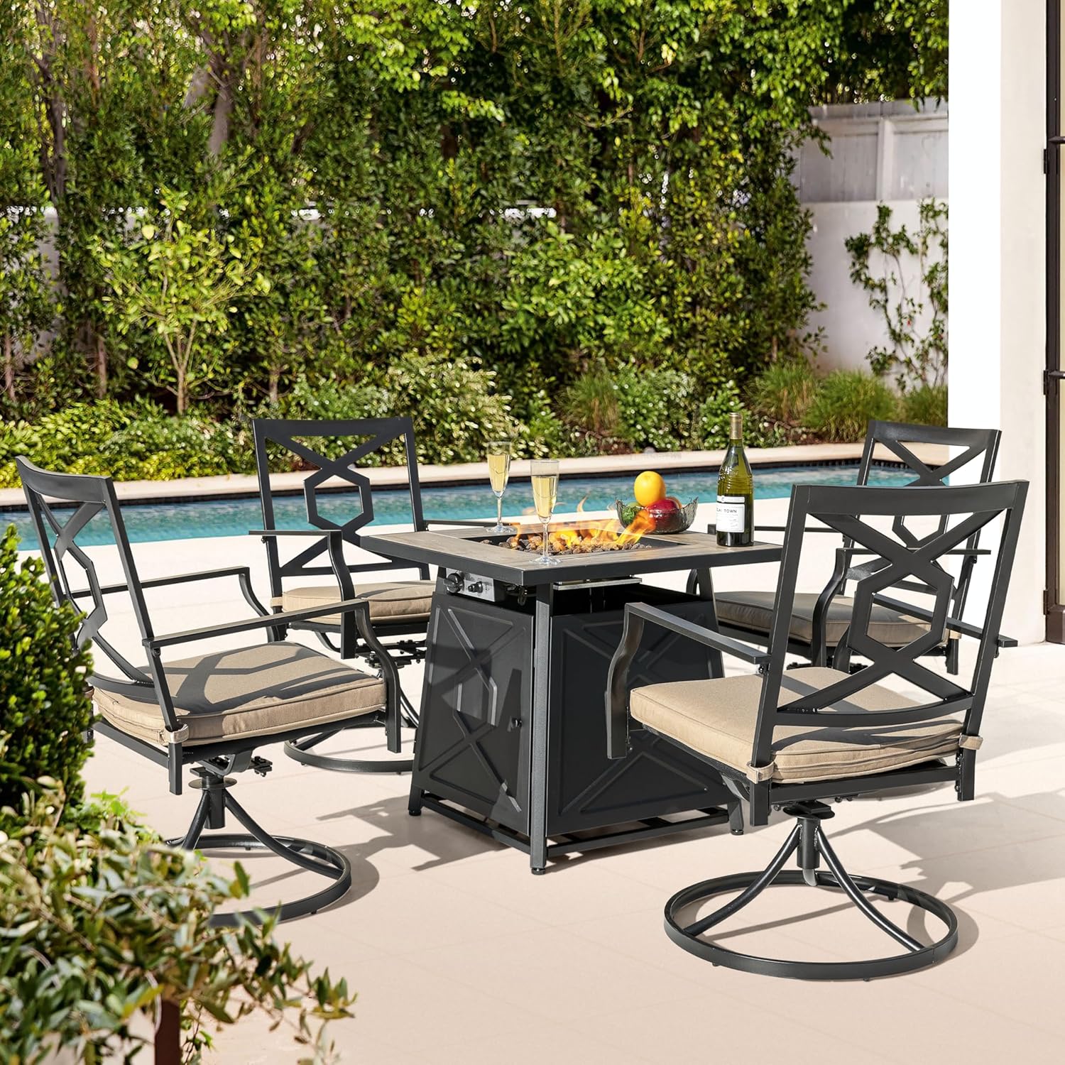 NUU GARDEN 5-Piece Patio Furniture Set with Fire Pit Table, 28'' 50,000 BTU Propane Gas Cabinet Fire Pit Table with Cover and 4 Dining Swivel Chairs with Padded Cushions, Black and Beige