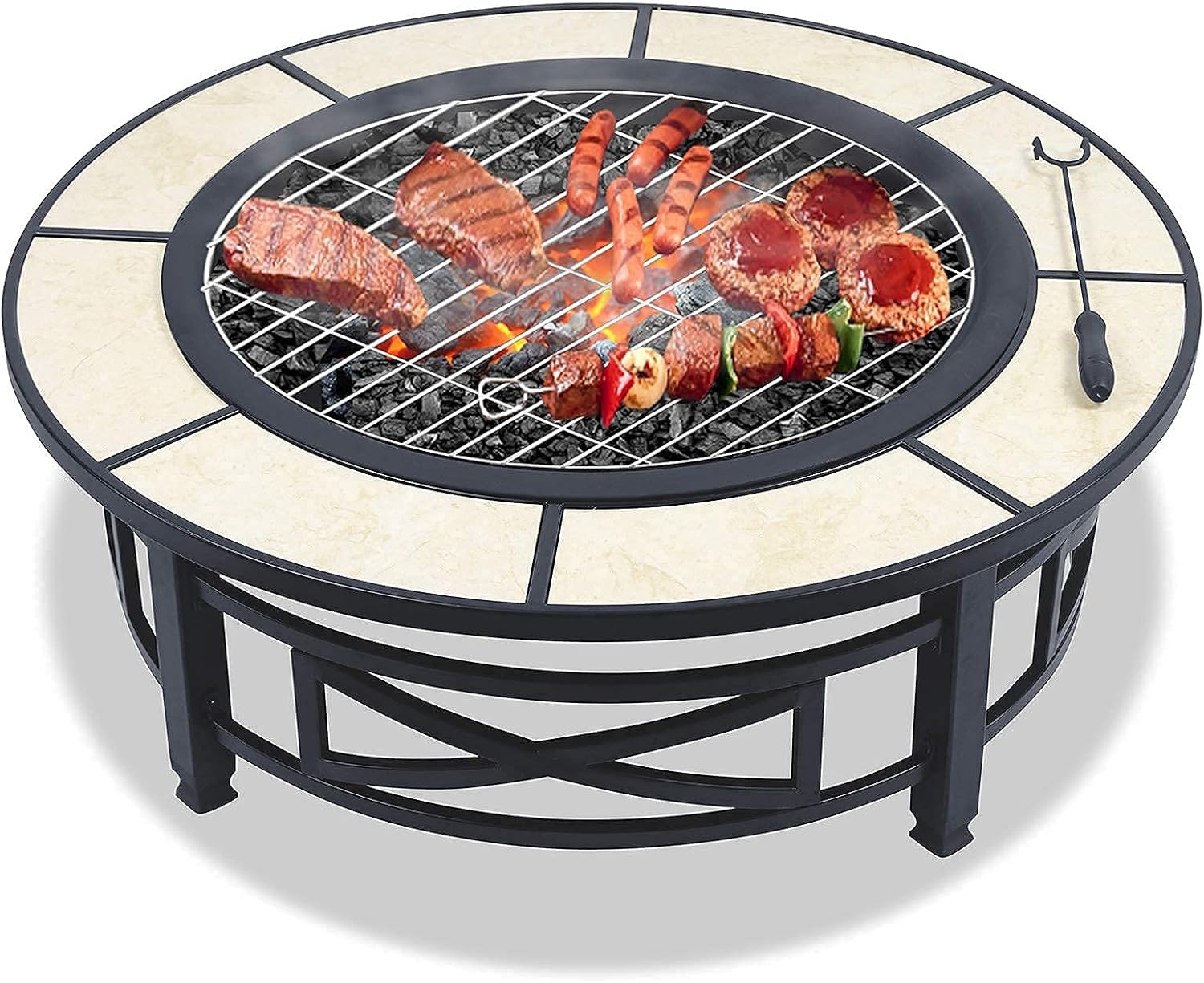 Metal Round Fire Pit with BBQ Grill & Cover - Outdoor Garden Stove Patio Heater/Charcoal Barbeque/Ice Pit, Smoke Grill Table Tabletop Grill