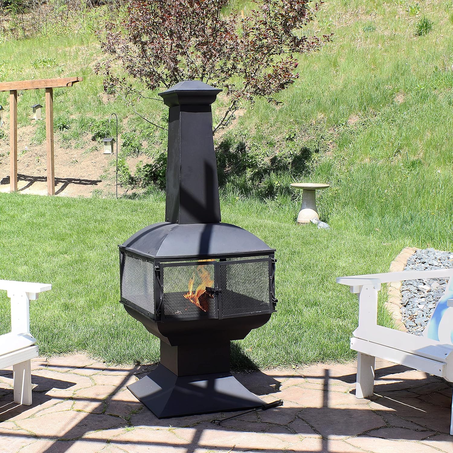 Sunnydaze Large Chiminea Outdoor Fireplace - Outdoor Fireplace with Chimney - Fire Pit for Patio - Grate and Poker Included