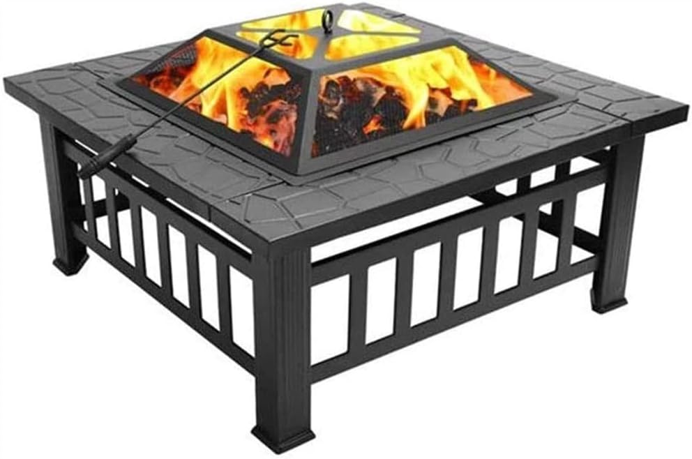 Fire Pit, 32'' Iron Fire Pit Outdoor Patio BBQ Camping Bonfire Bronze Outdoor Fireplace Fire Bowl with Spark Screen, Suitable for Backyard Garden Patio Bonfire Heating, Camping and BBQ