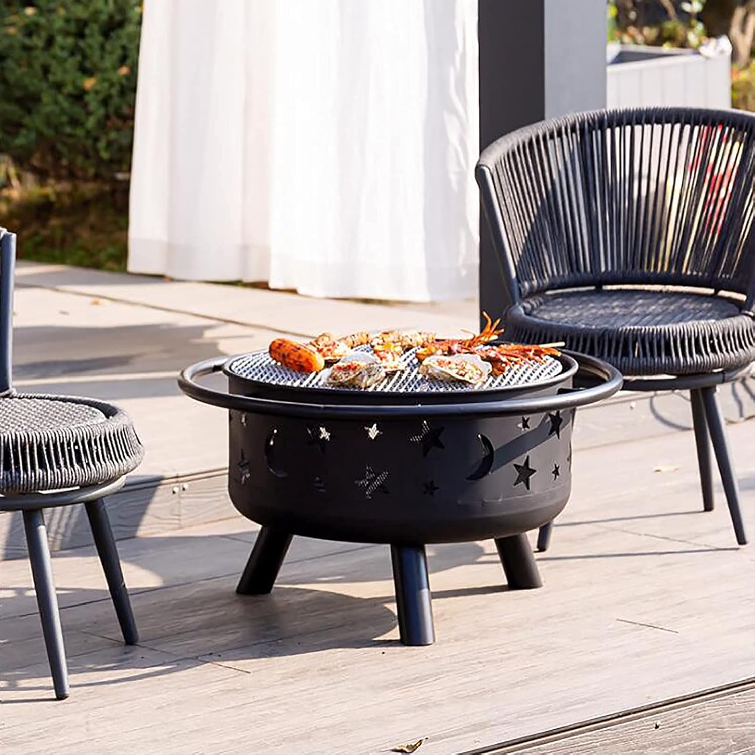 Backyard Patio Garden Stove Wood Burning BBQ Fire Pit with Spark Screen Cover,Poker,Fire Pit Cover,Grill for Campfire Bonfire,Square Lingge